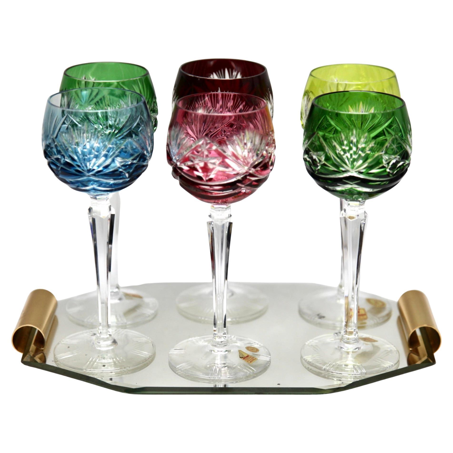 Crystal Mix Set of 6 Nachtmann Stem Glasses with Colored Overlay Cut to Clear For Sale