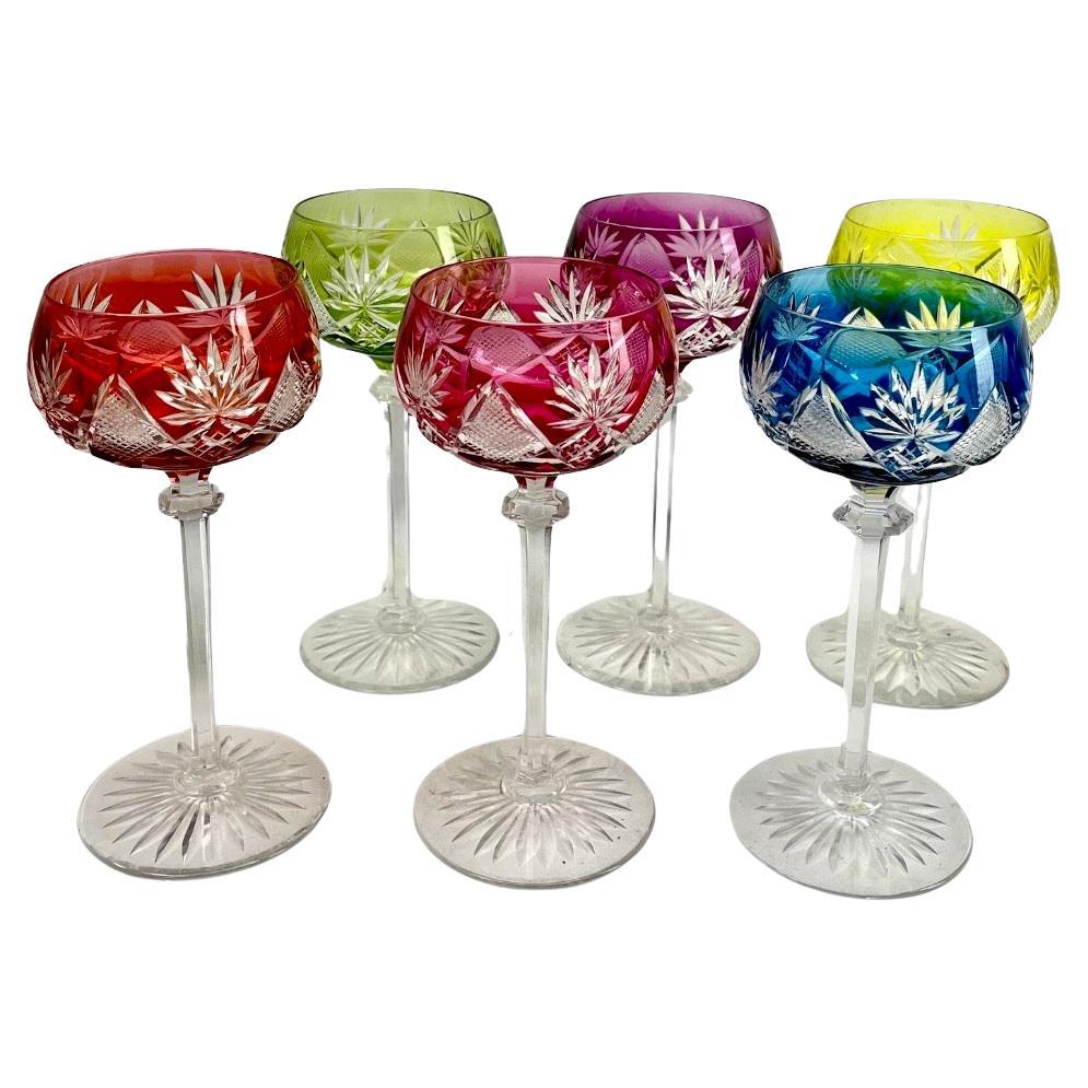 Crystal Mix Set of 6 Nachtmann Stem Glasses with Colored Overlay Cut to Clear For Sale