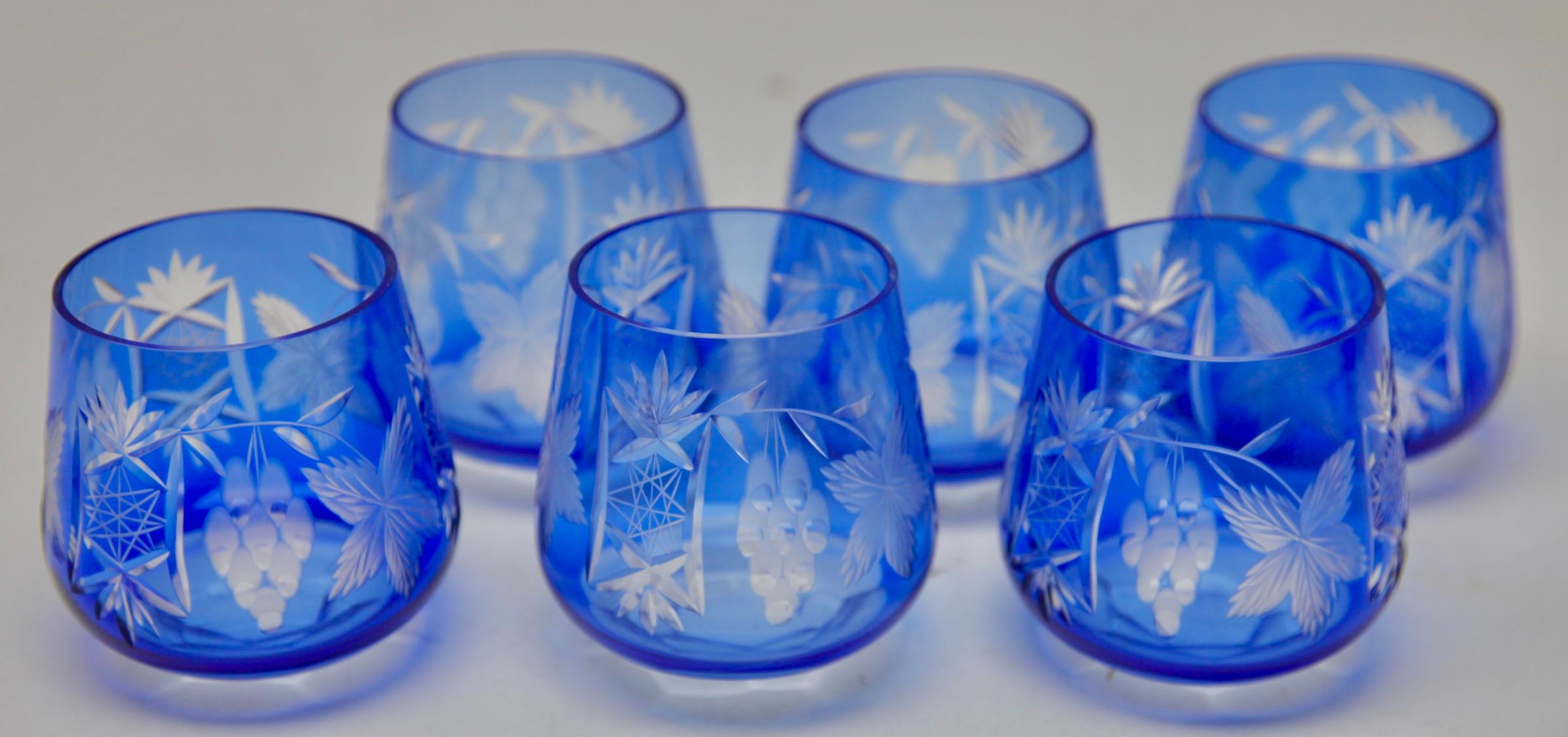Mid-Century Modern Crystal Mix Set of 6 Nachtmann Water Glasses with Colored Overlay Cut to Clear