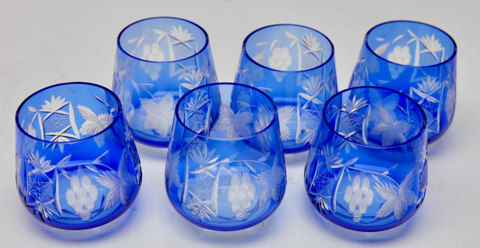 German Crystal Mix Set of 6 Nachtmann Water Glasses with Colored Overlay Cut to Clear