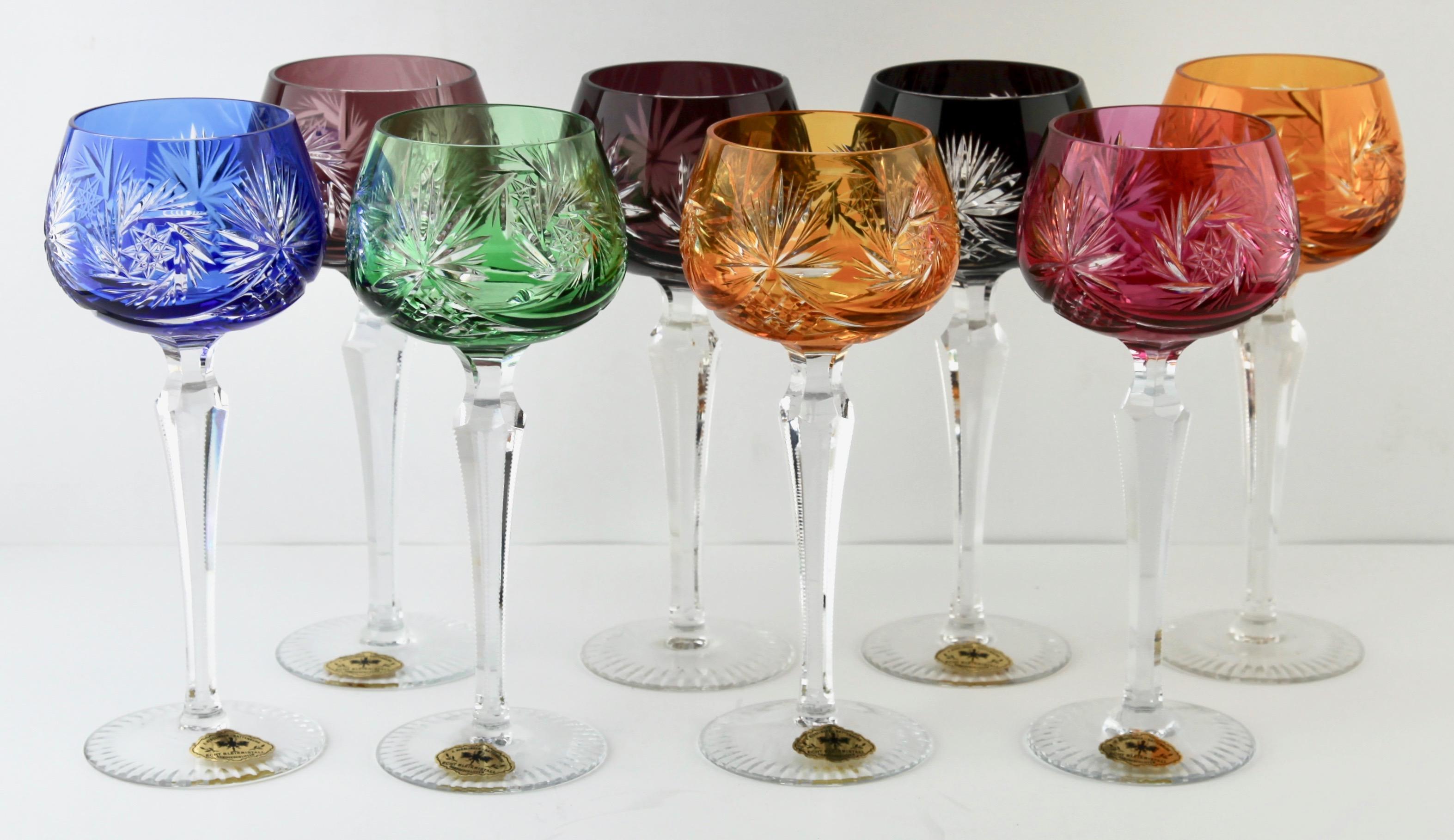 German Crystal Mix Set of 8 F.Kisslinger Stem Glasses with Colored Overlay Cut to Clear