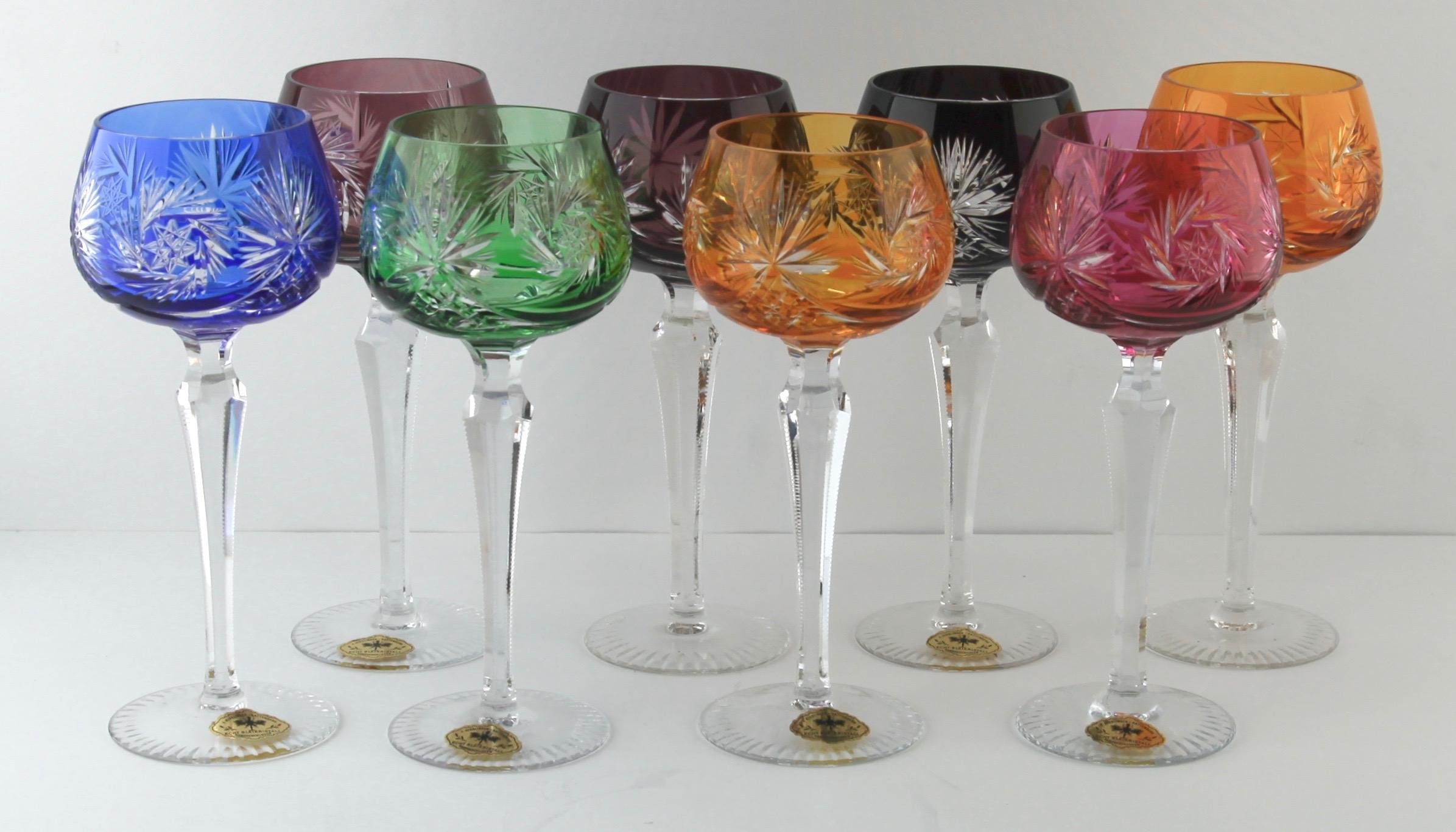 Crystal Mix Set of 8 F.Kisslinger Stem Glasses with Colored Overlay Cut to Clear In Good Condition In Verviers, BE