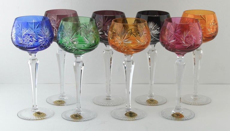 Crystal Mix Set of 8 F.Kisslinger Stem Glasses with Colored Overlay Cut to Clear For Sale 2