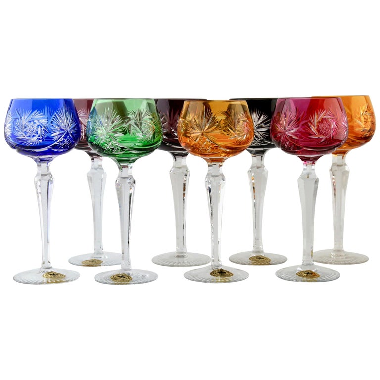 Crystal Mix Set of 8 F.Kisslinger Stem Glasses with Colored Overlay Cut to Clear For Sale