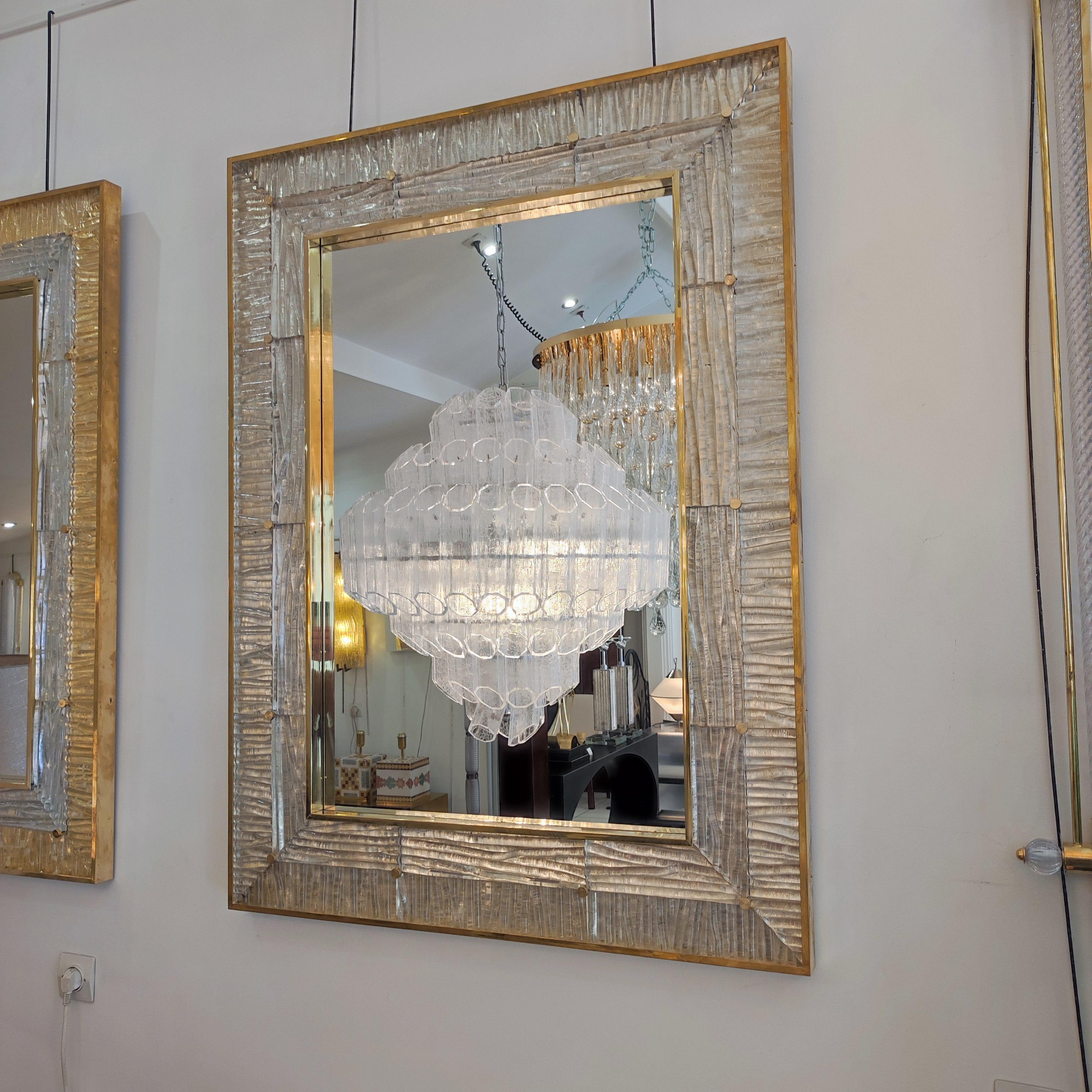 Italian Crystal Murano Glass and Brass Mirror For Sale