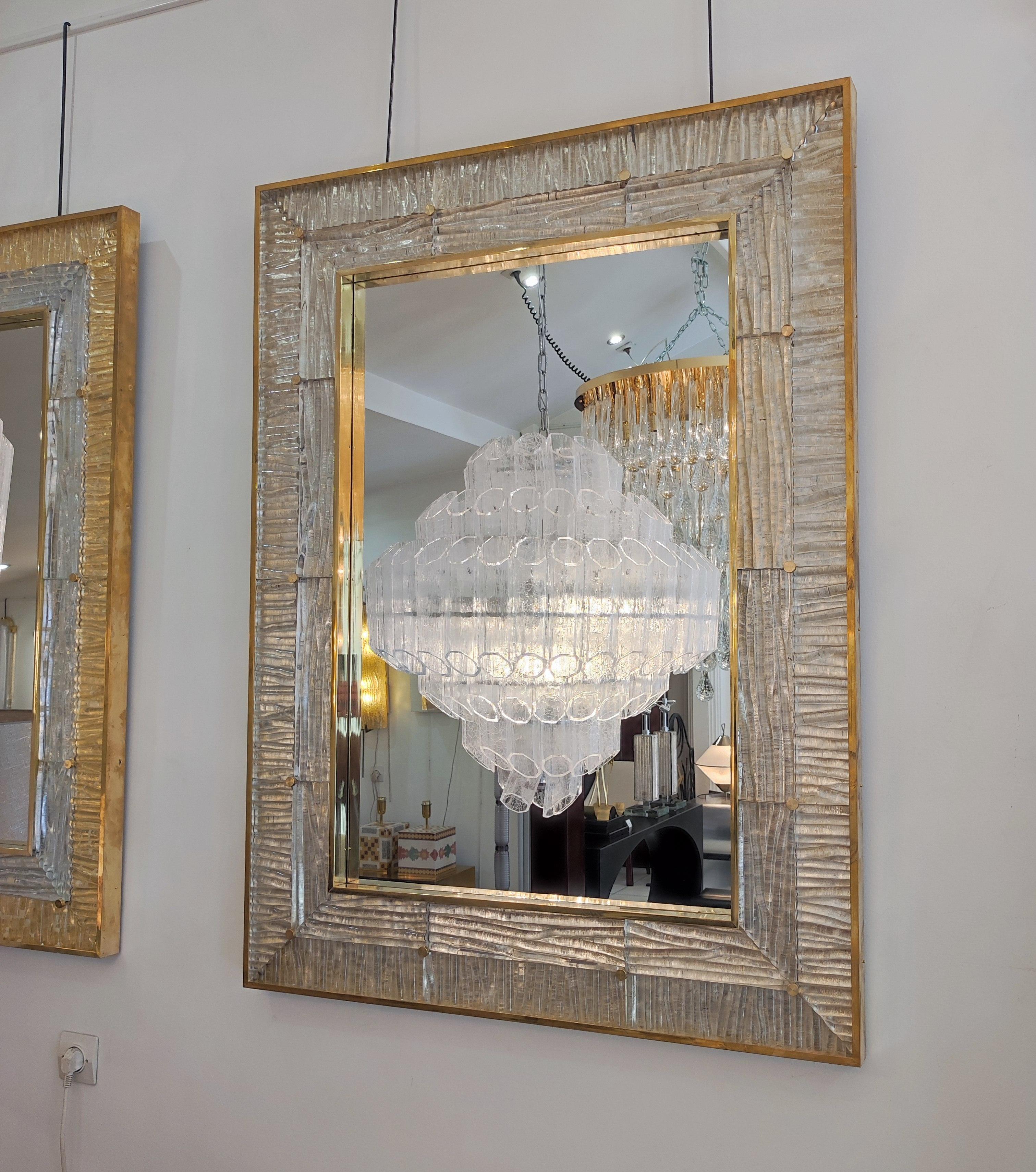 20th Century Crystal Murano Glass and Brass Mirror For Sale