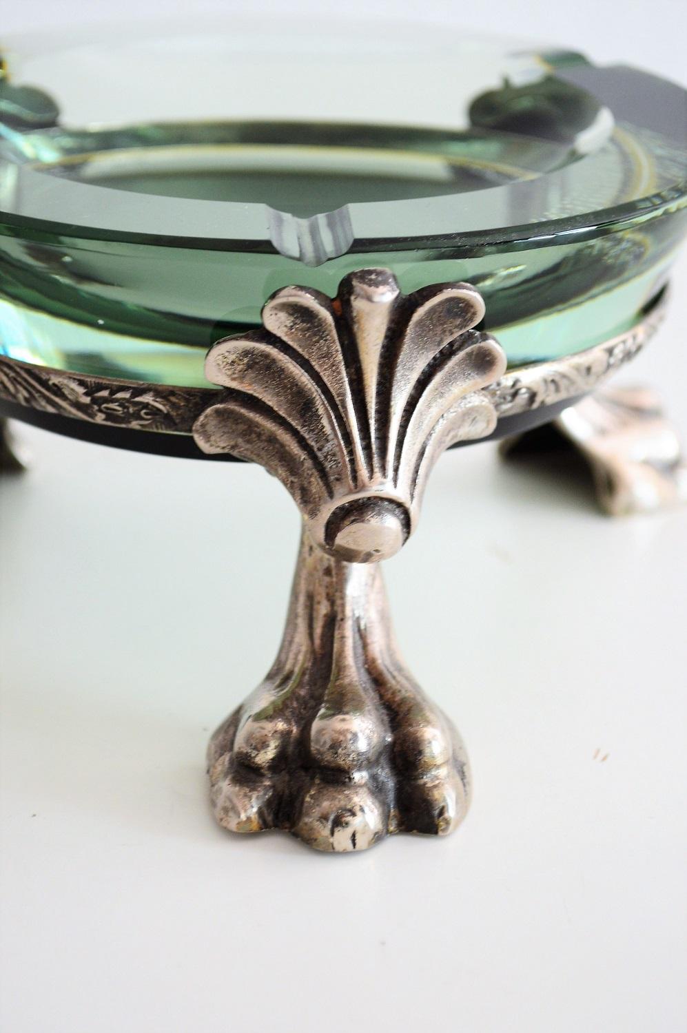Mid-Century Modern Crystal Murano Glass Ashtray with Lion Paw Metal Holder, 1960s