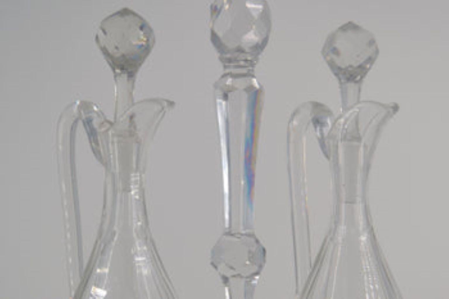 French Provincial Crystal oil and vinegar server, and salt and pepper servers
