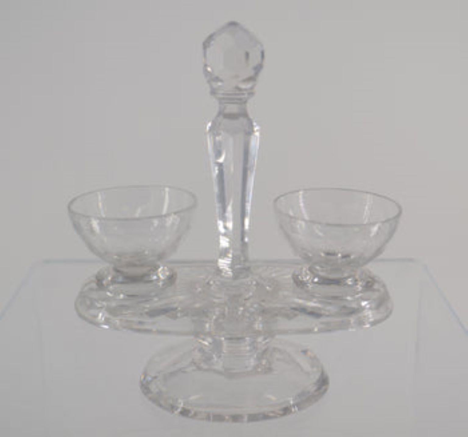 French Crystal oil and vinegar server, and salt and pepper servers