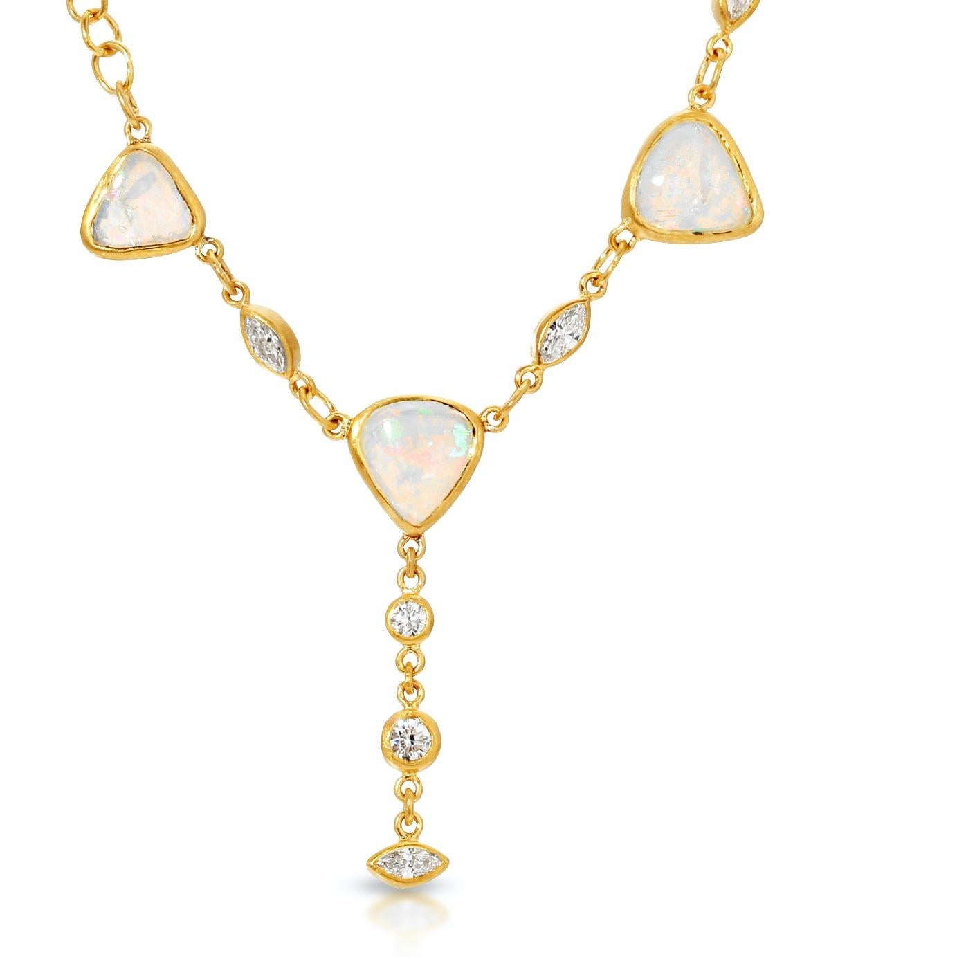 This  1.88ct Australian Crystal Opal Necklace is bezel set with .25ct vs quality bezel set Round and Marquis Diamonds.  The 18k Matte Yellow Gold chain is all handmade in my studio in Los Angeles by my team of master craftsmen and me.  All Diamonds