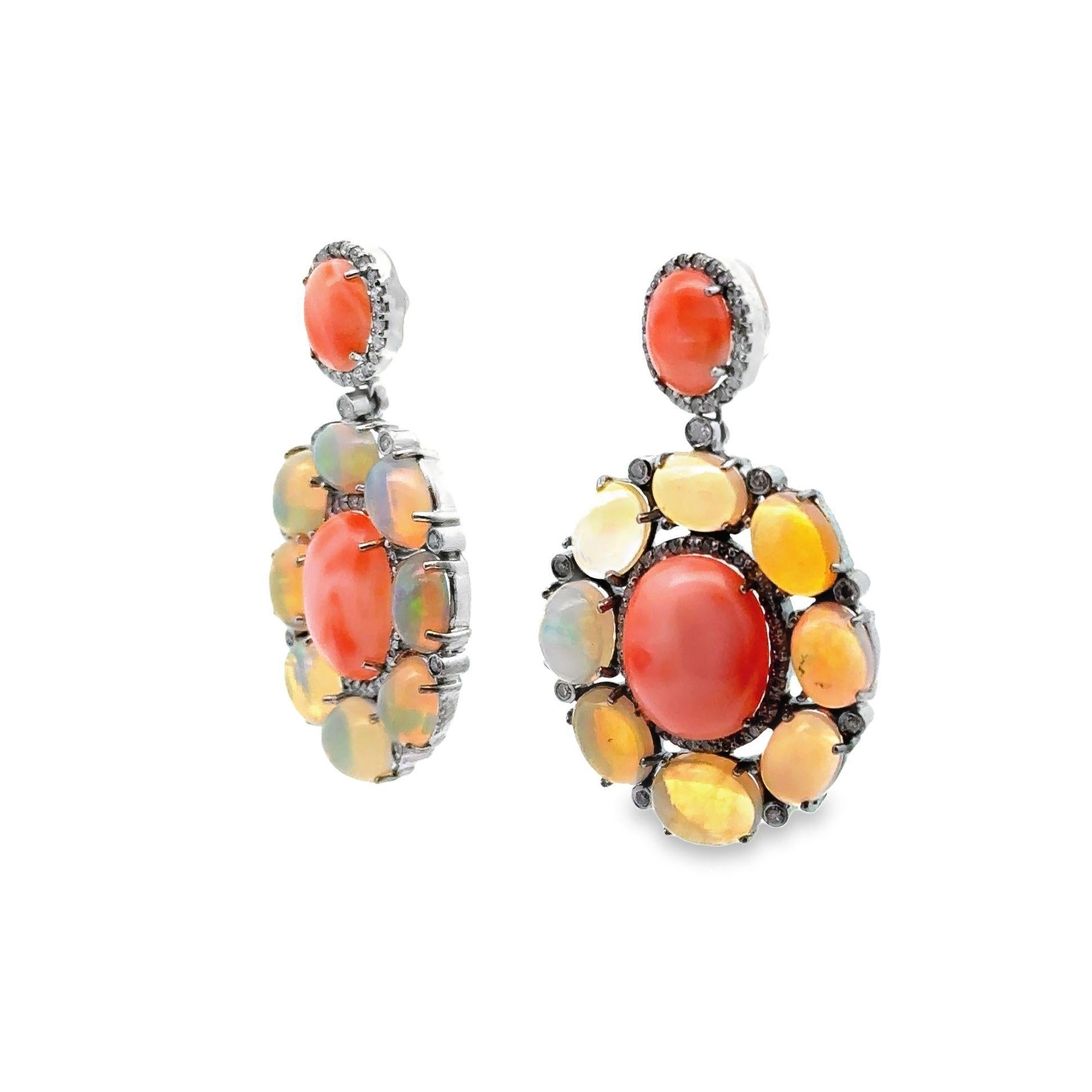 Cabochon Crystal Opal Coral Diamond Sterling Silver Dangle Earrings For Sale
