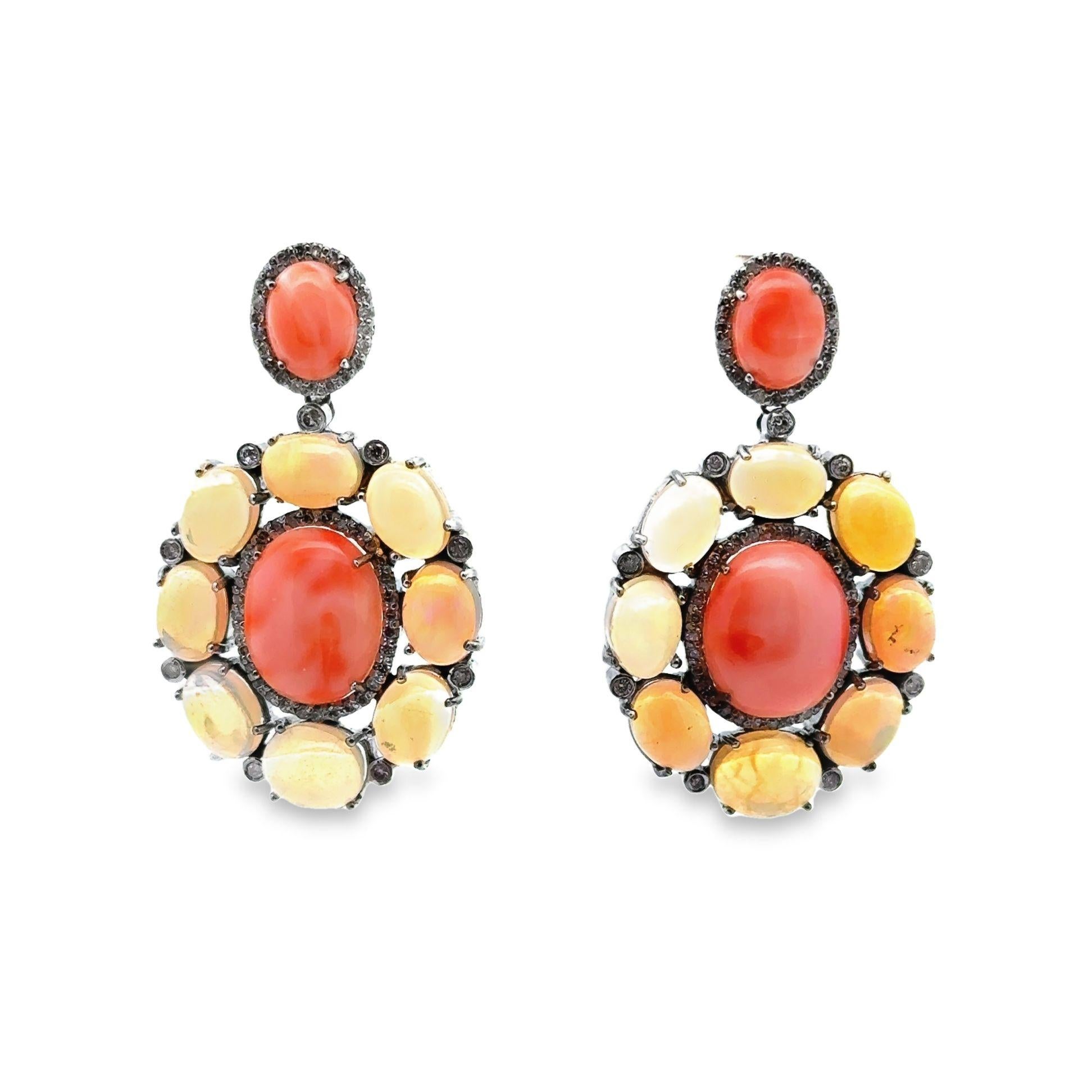 Crystal Opal Coral Diamond Sterling Silver Dangle Earrings In New Condition For Sale In Beverly Hills, CA