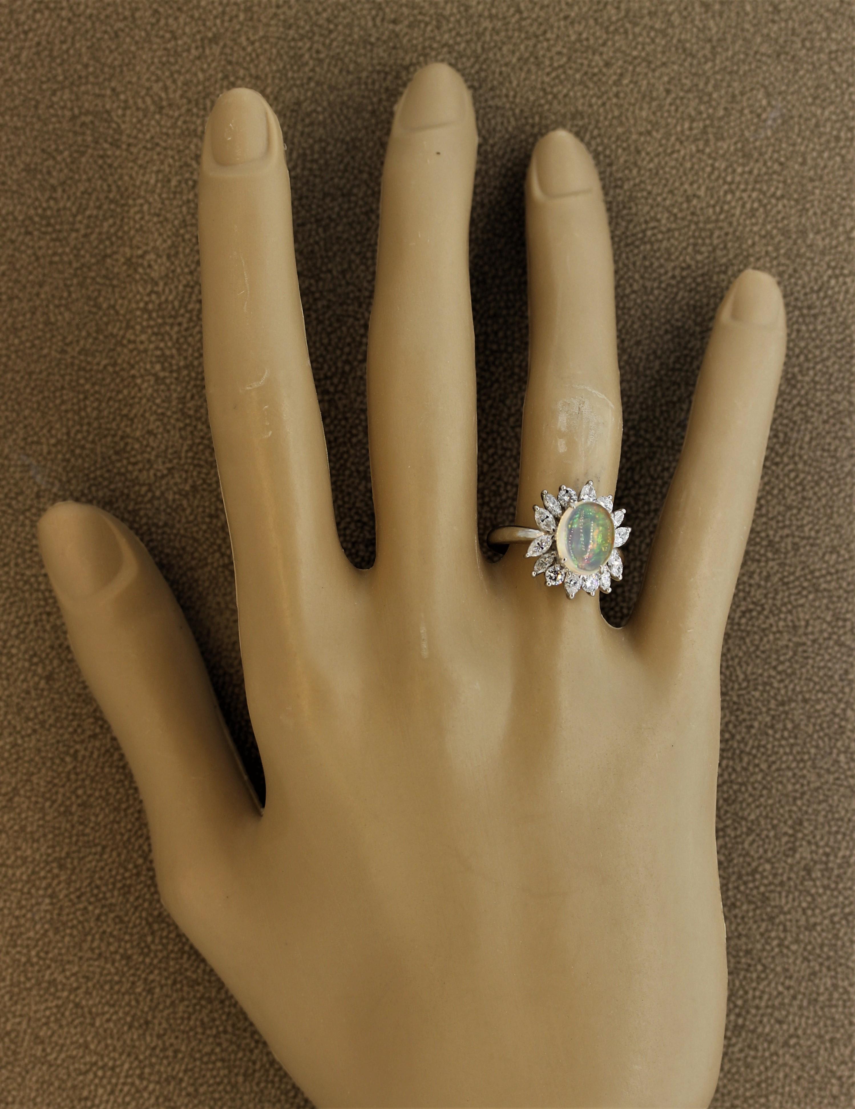 Crystal Opal Diamond Flower Platinum Ring 5
