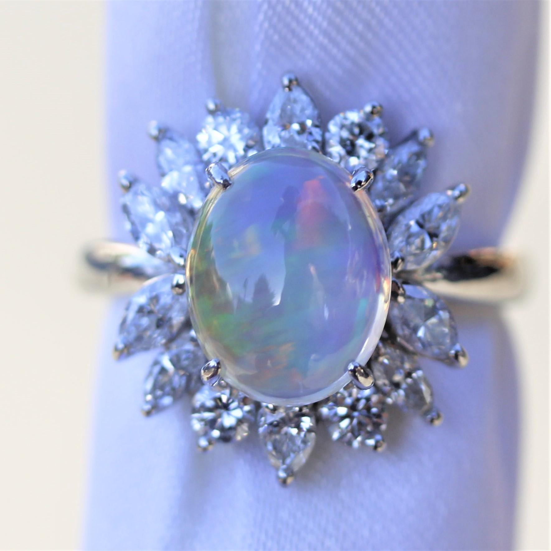 Crystal Opal Diamond Flower Platinum Ring 6