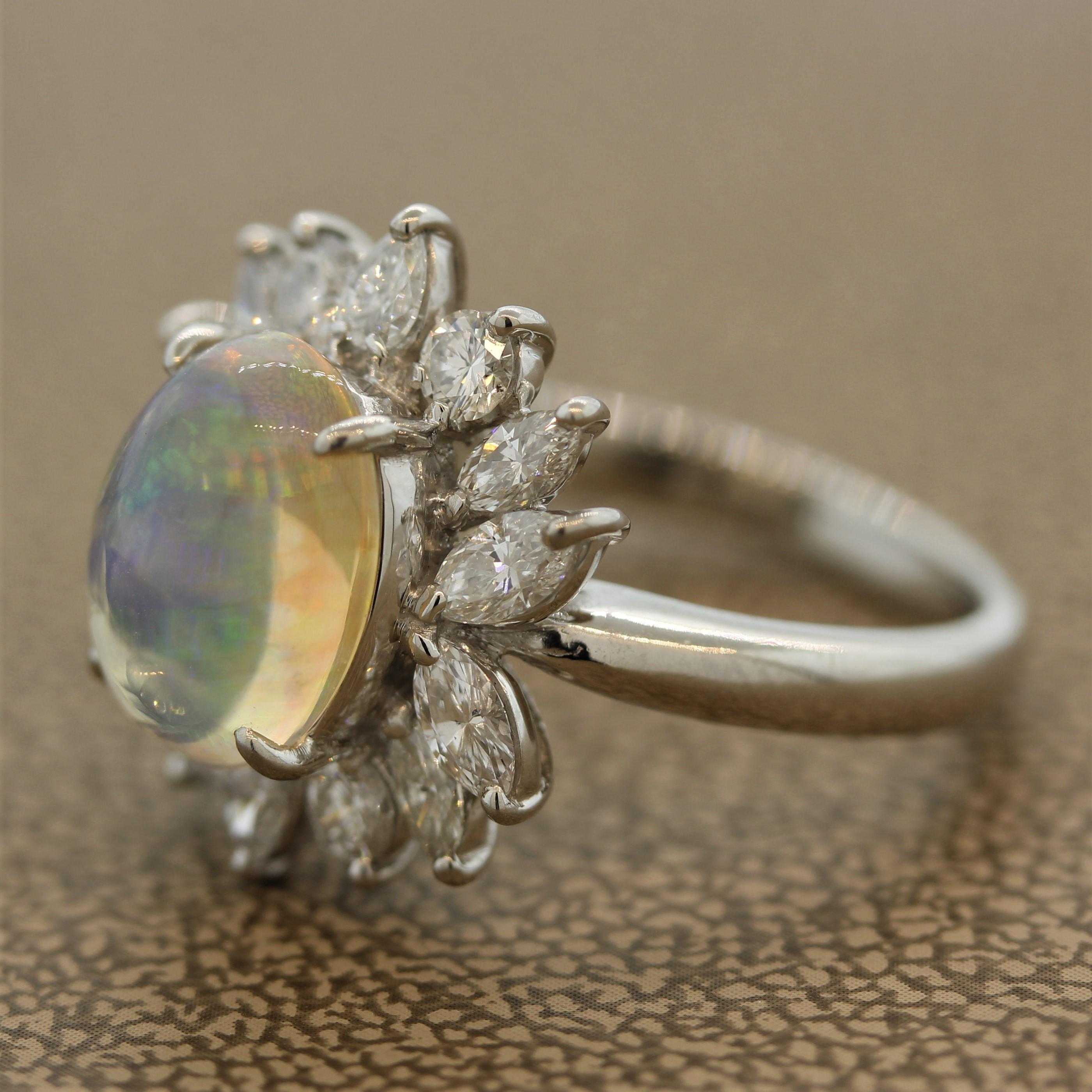 Cabochon Crystal Opal Diamond Flower Platinum Ring