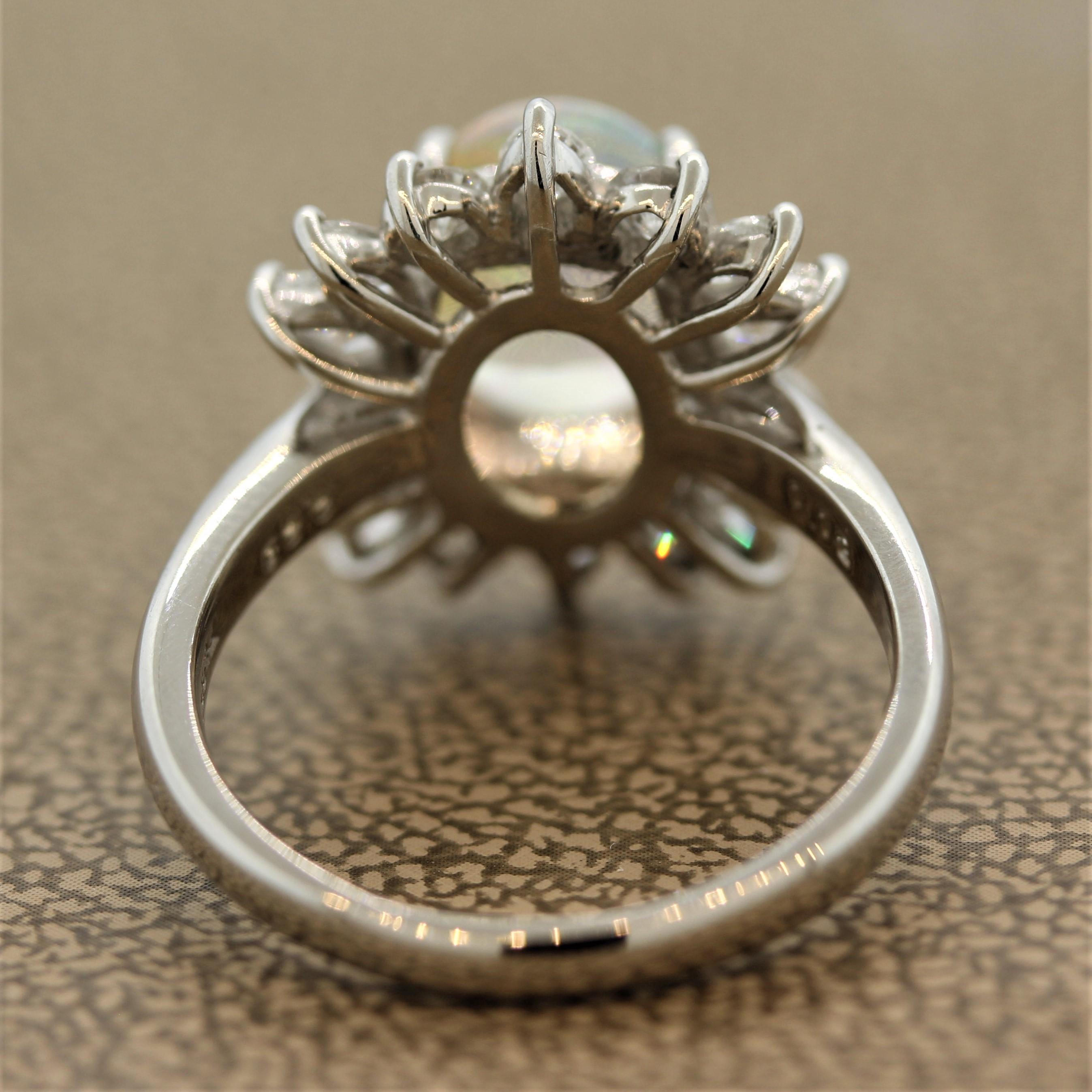 Women's Crystal Opal Diamond Flower Platinum Ring