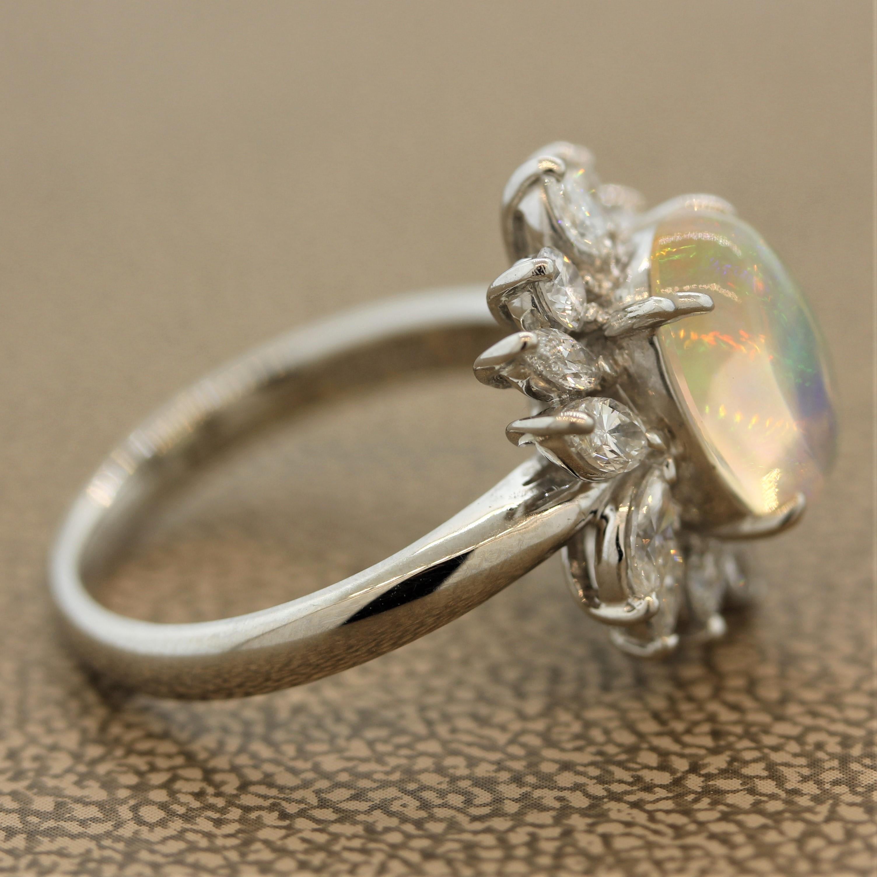 Crystal Opal Diamond Flower Platinum Ring 1