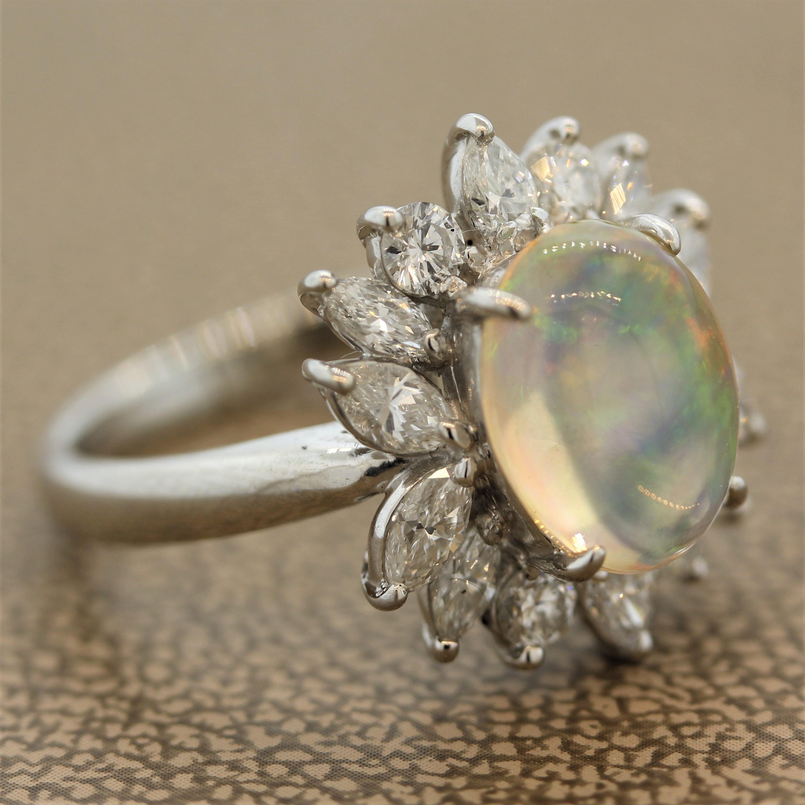 Crystal Opal Diamond Flower Platinum Ring 2