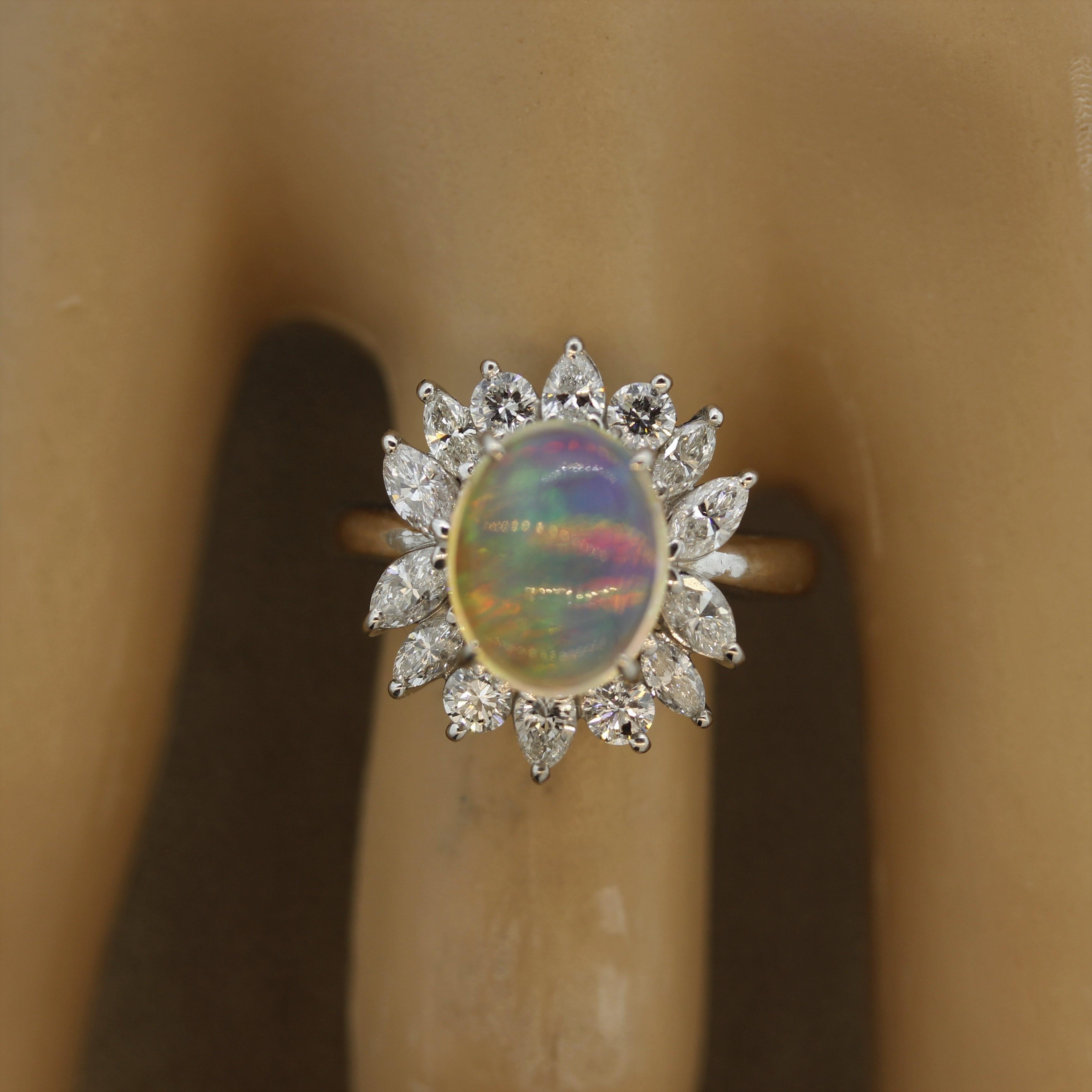 Crystal Opal Diamond Flower Platinum Ring 3