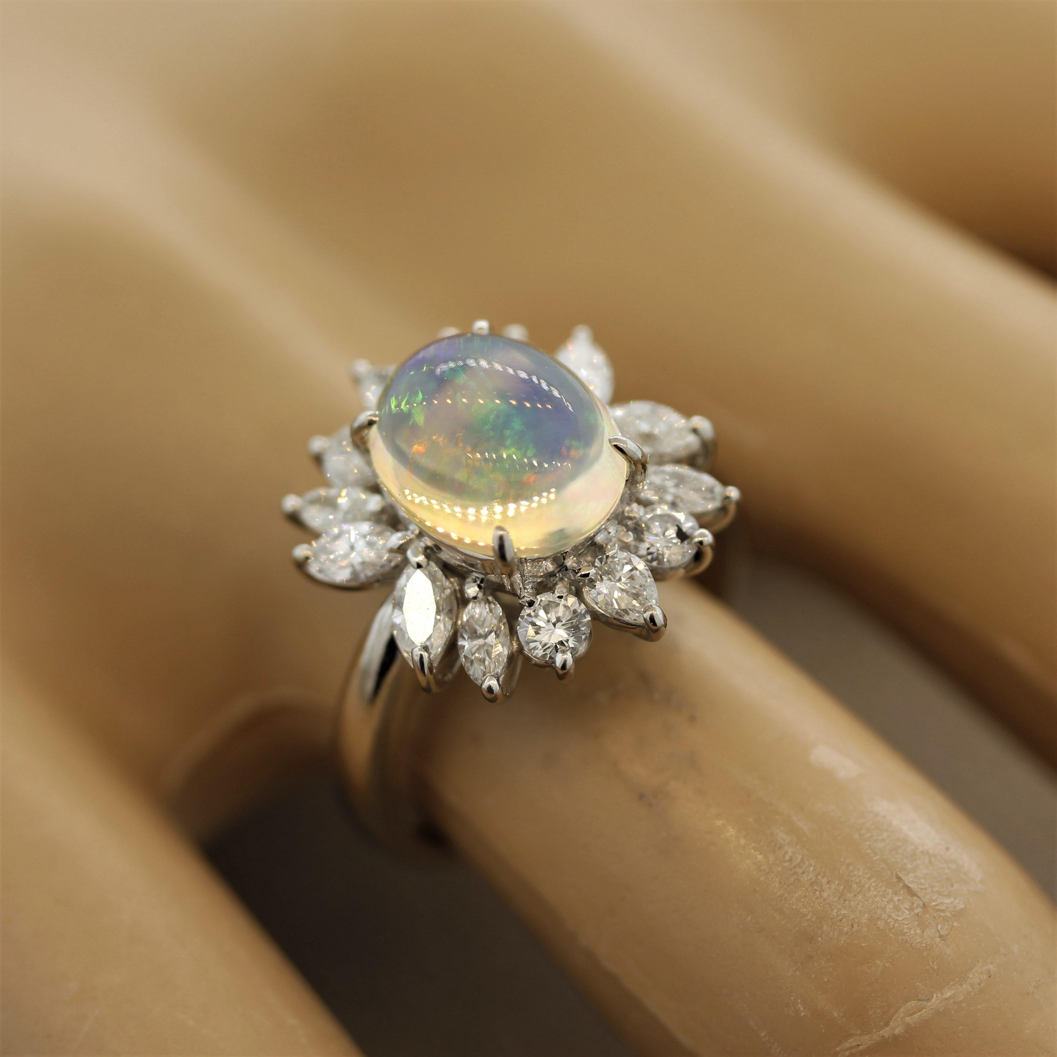 Crystal Opal Diamond Flower Platinum Ring 4