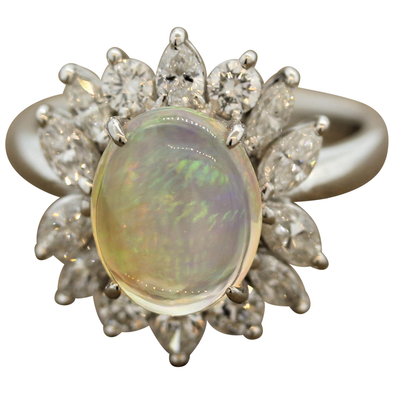 Crystal Opal Diamond Flower Platinum Ring