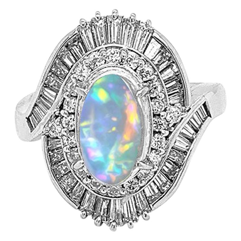 Crystal Opal Diamond Platinum Spiral Ring