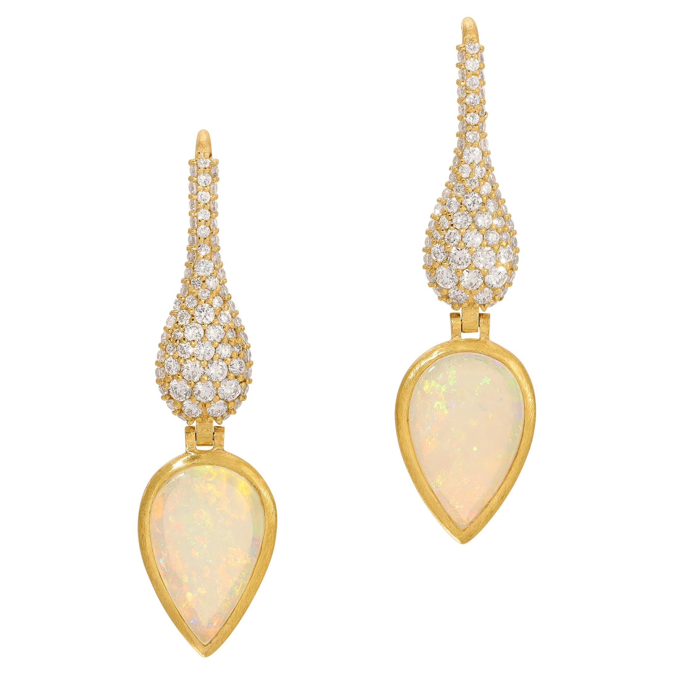 Crystal Opal Pear Drop Earrings with Diamond Pave in 18k Matte Yellow Gold