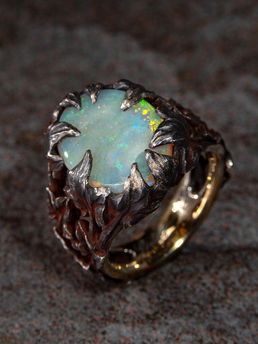 Crystal Opal Ring Patinated Silver Gold Ivy Neon Green Australian Stone Unisex For Sale 3