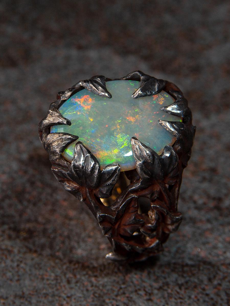 Crystal Opal Ring Patinated Silver Gold Ivy Neon Green Australian Stone Unisex For Sale 4