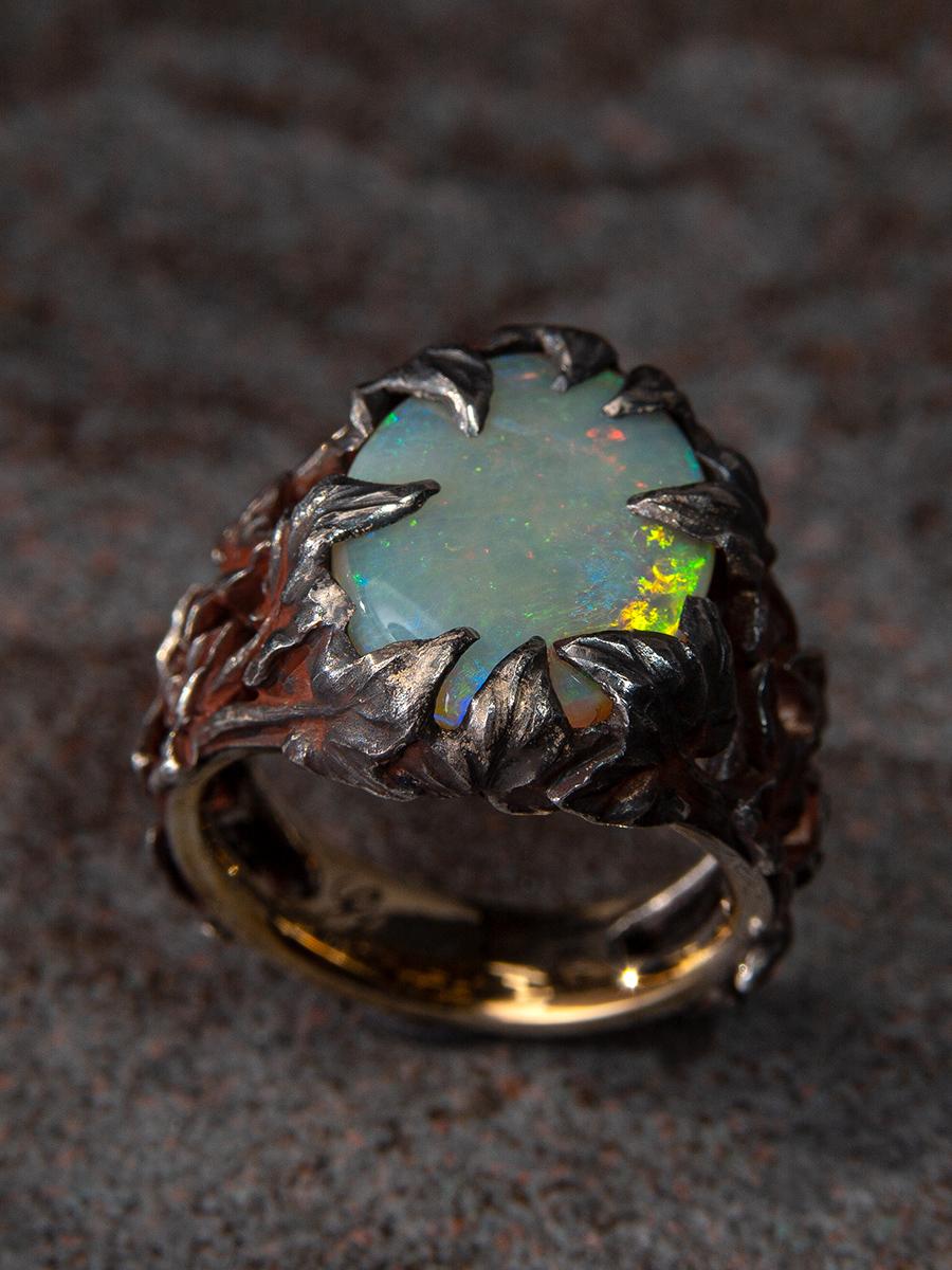Crystal Opal Ring Patinated Silver Gold Ivy Neon Green Australian Stone Unisex For Sale 5