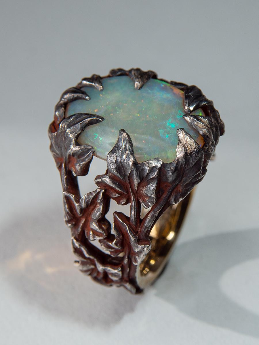 Crystal Opal Ring Patinated Silver Gold Ivy Neon Green Australian Stone Unisex For Sale 6