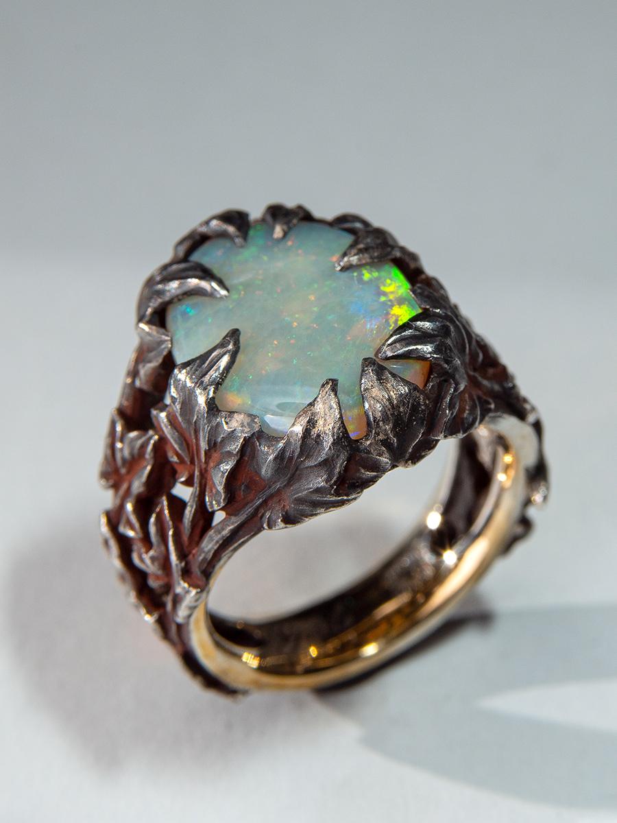Crystal Opal Ring Patinated Silver Gold Ivy Neon Green Australian Stone Unisex For Sale 7