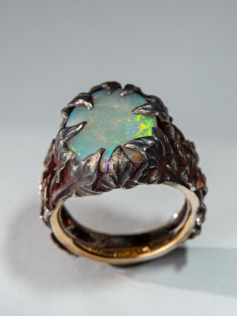 Crystal Opal Ring Patinated Silver Gold Ivy Neon Green Australian Stone Unisex en vente 10