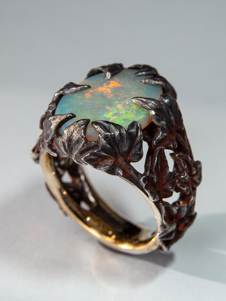 Crystal Opal Ring Patinated Silver Gold Ivy Neon Green Australian Stone Unisex For Sale 9