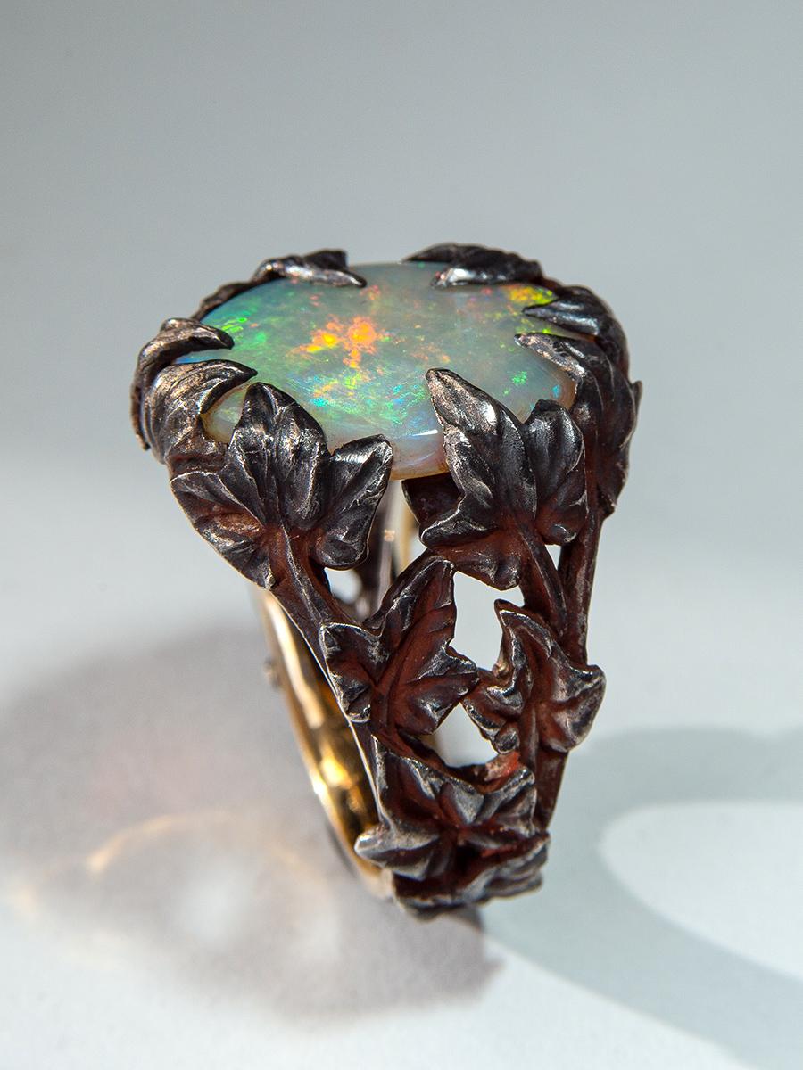 Crystal Opal Ring Patinated Silver Gold Ivy Neon Green Australian Stone Unisex For Sale 10