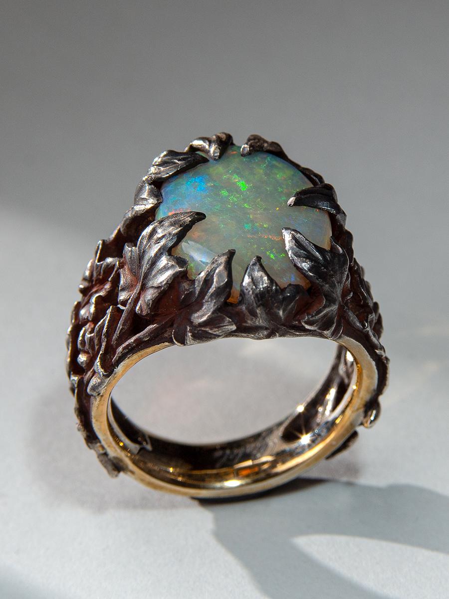 Crystal Opal Ring Patinated Silver Gold Ivy Neon Green Australian Stone Unisex For Sale 11