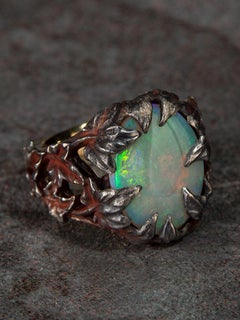 Crystal Opal Ring Patinated Silver Gold Ivy Neon Green Australian Stone Unisex