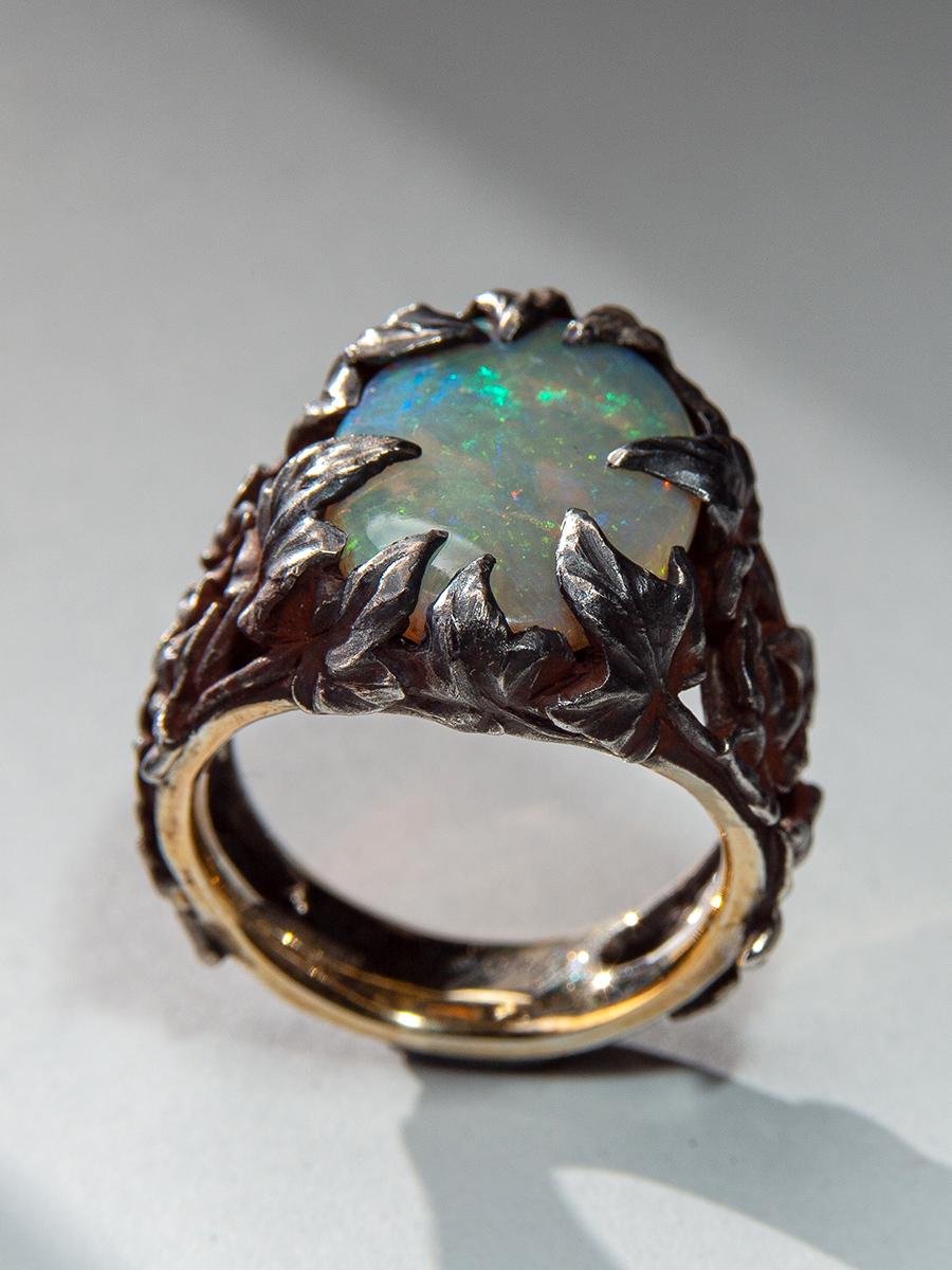 Crystal Opal Ring Patinated Silver Gold Ivy Neon Green Australian Stone Unisex Neuf - En vente à Berlin, DE