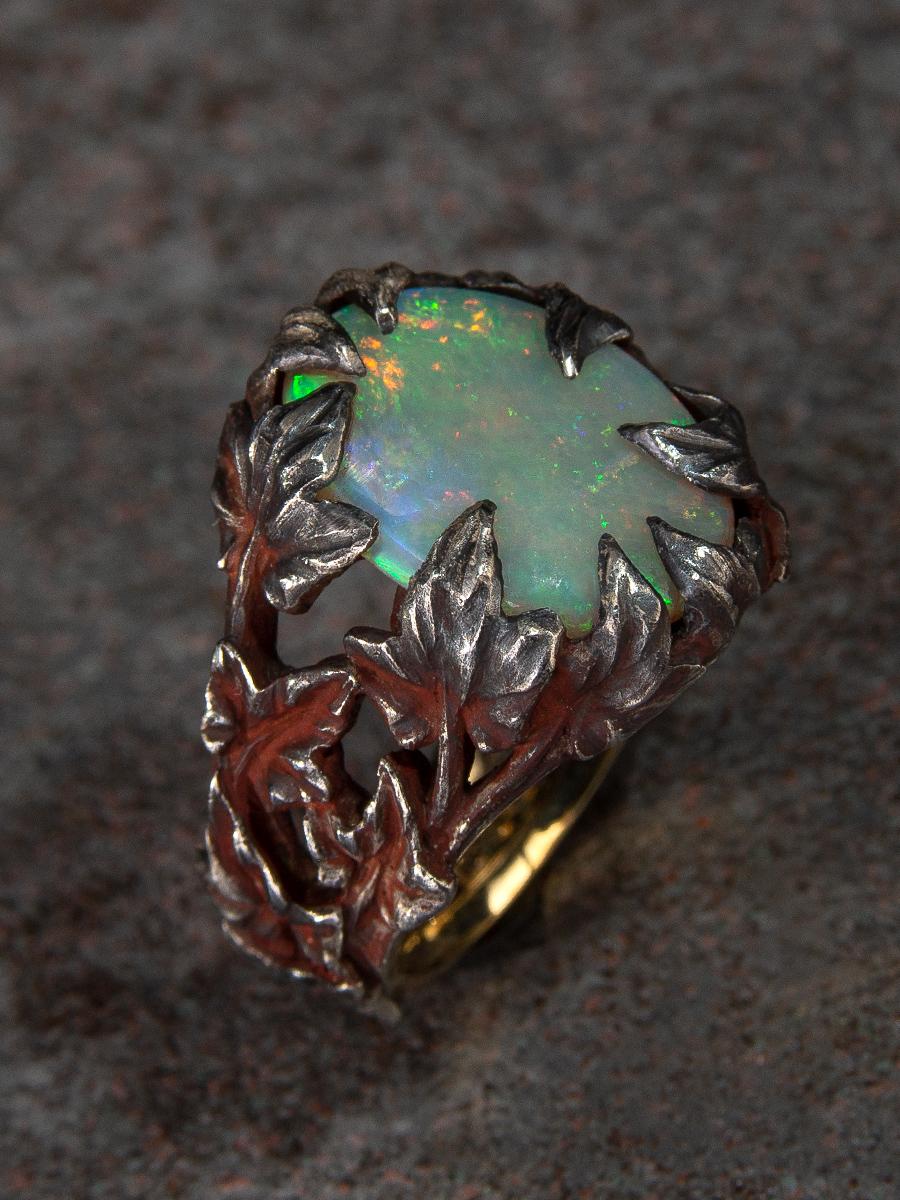Aesthetic Movement Crystal Opal Ring Patinated Silver Gold Ivy Neon Green Australian Stone Unisex For Sale