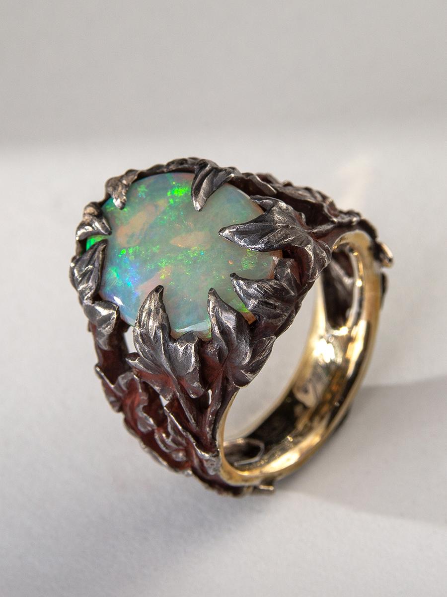 Cabochon Crystal Opal Ring Patinated Silver Gold Ivy Neon Green Australian Stone Unisex For Sale