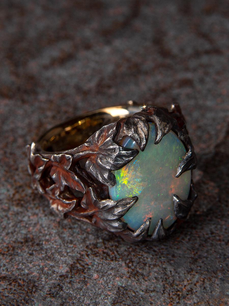 Crystal Opal Ring Patinated Silver Gold Ivy Neon Green Australian Stone Unisex In New Condition For Sale In Berlin, DE