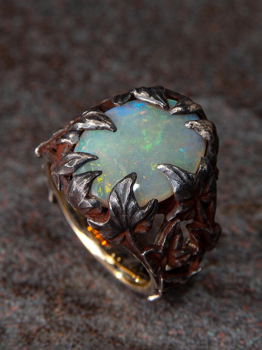 Crystal Opal Ring Patinated Silver Gold Ivy Neon Green Australian Stone Unisex For Sale 1