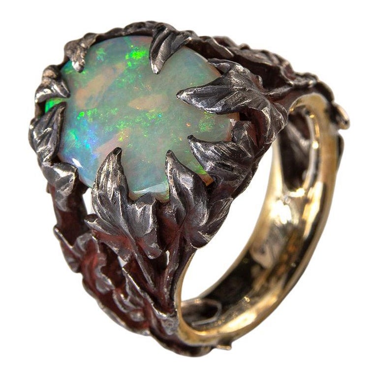 Anello Opale di Cristallo Patinato Argento Oro Edera Verde Neon Pietra Australiana Unisex