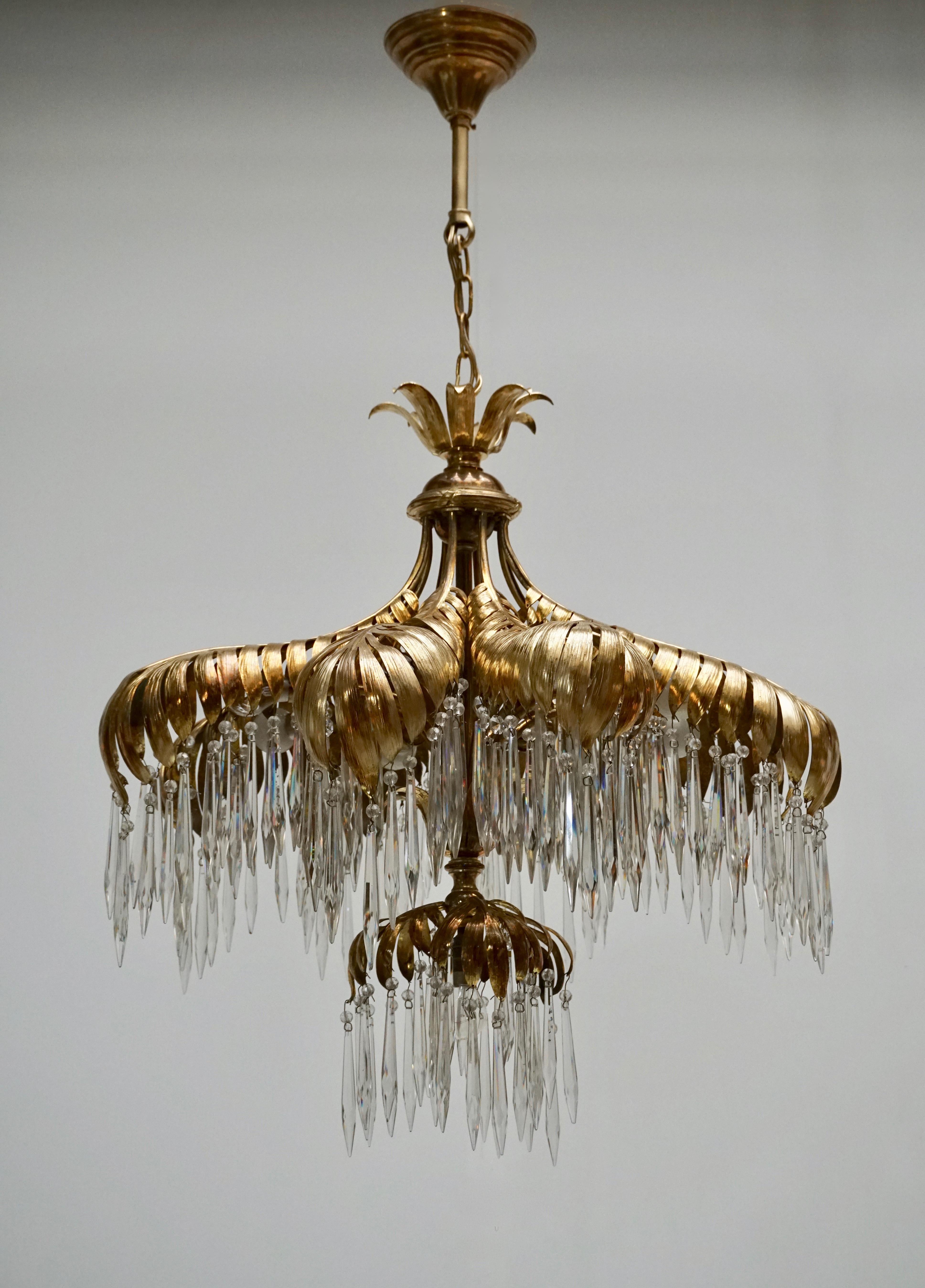 French Crystal Palm Leaf Chandelier by Maison Jansen