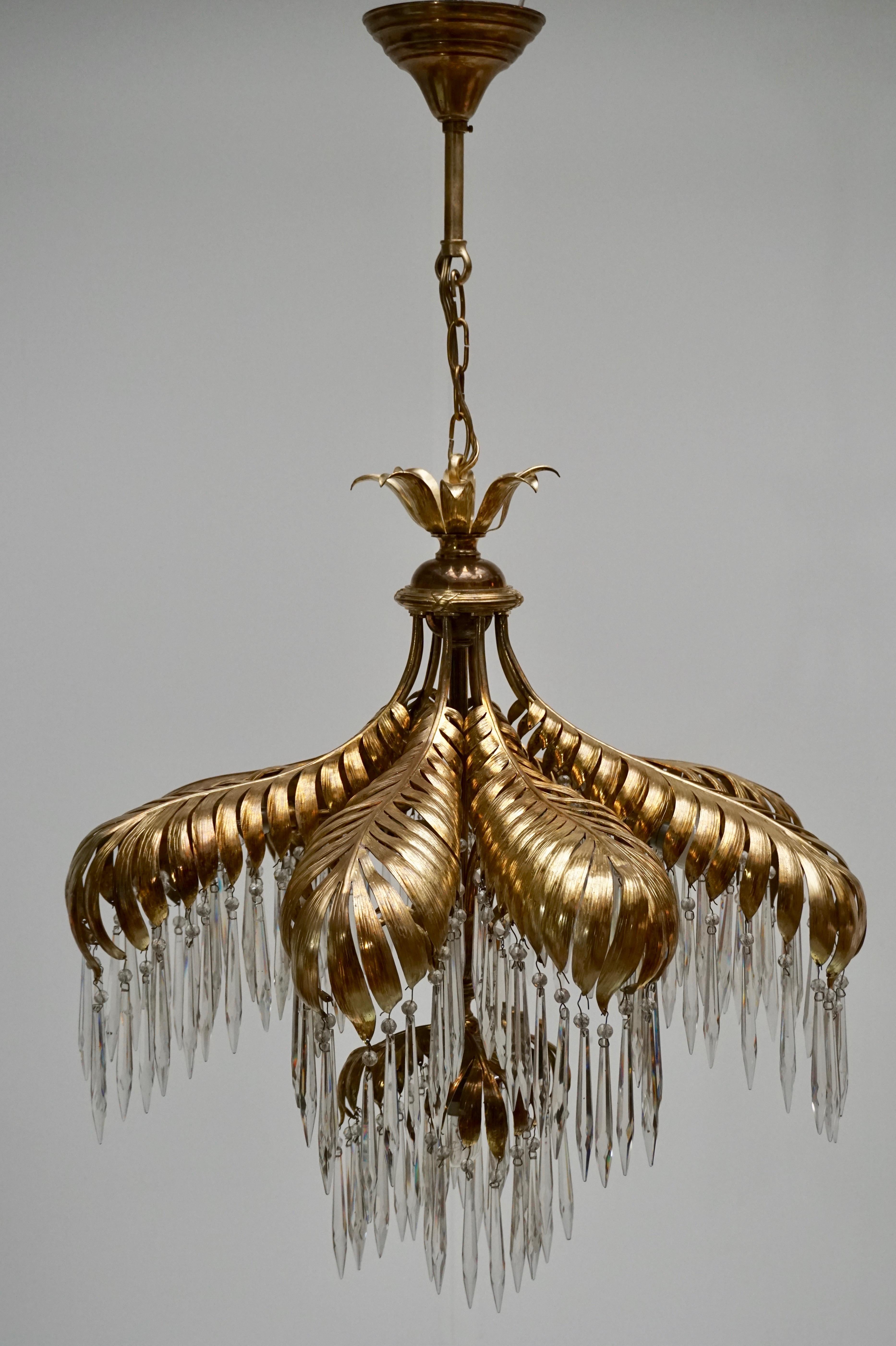 French Crystal Palm Leaf Chandelier by Maison Jansen