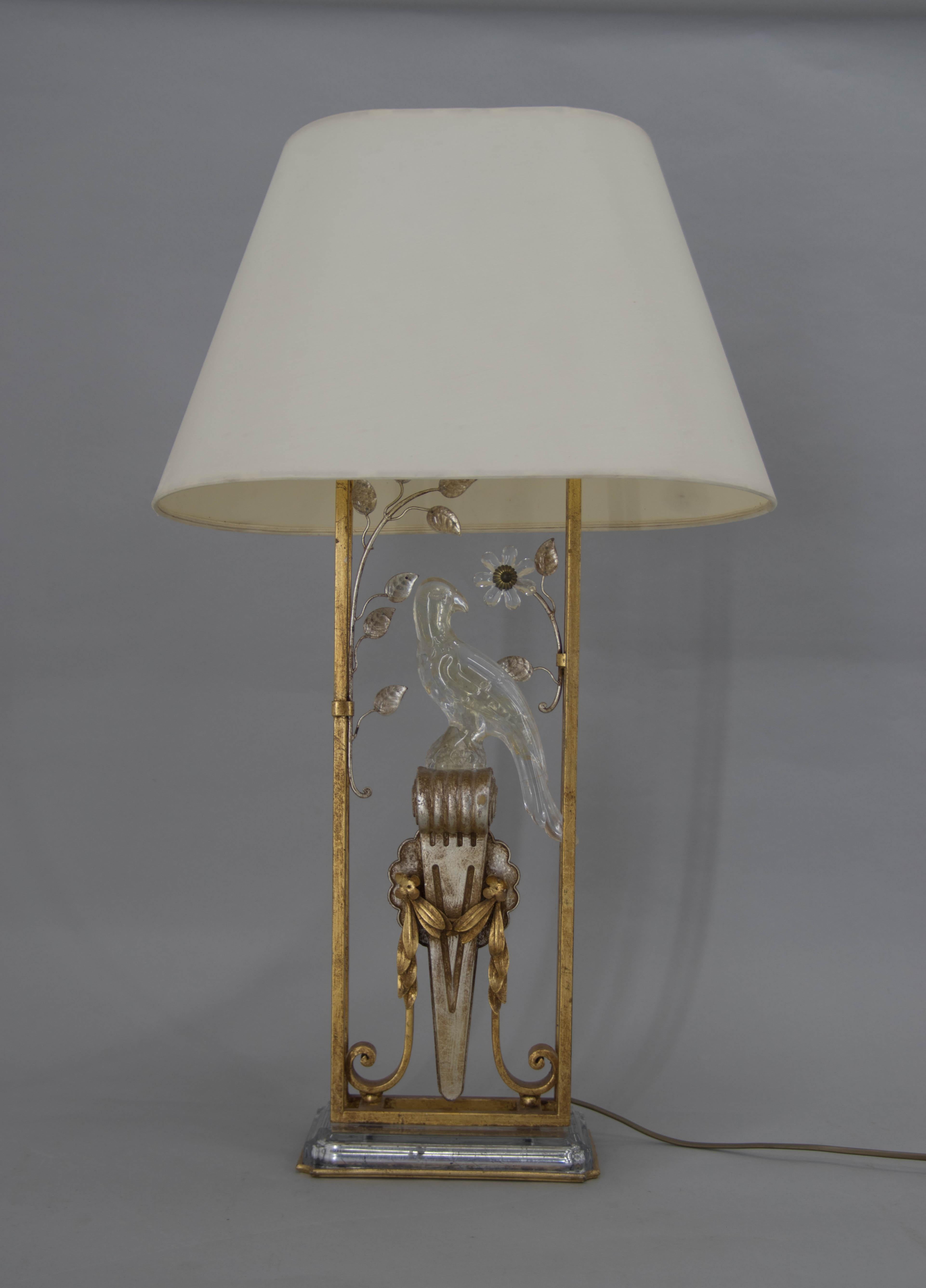 Late 20th Century Crystal Parrot Table Lamp Attributed to Maison Bagues, 1970s For Sale