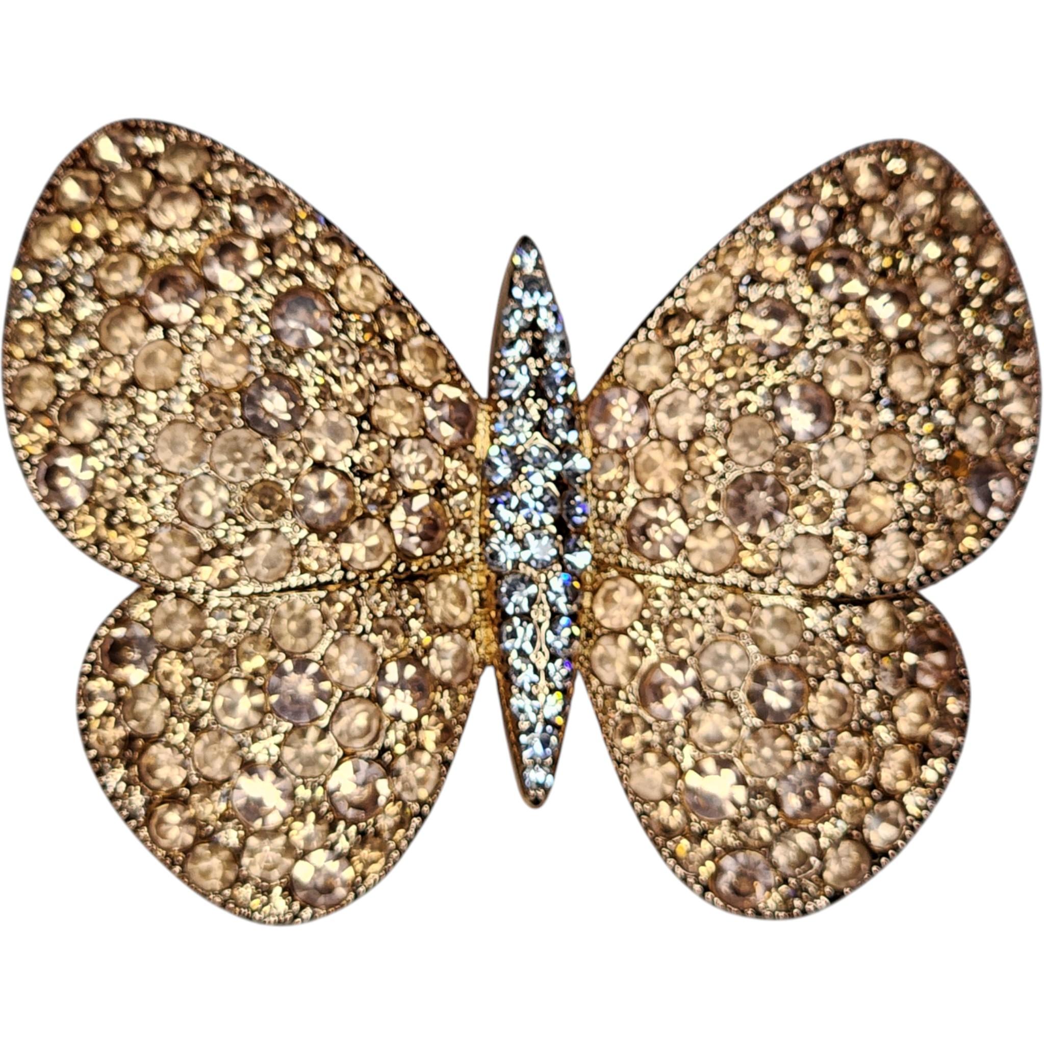 Crystal Pave Butterfly Yellow Gold Plated Brooch Rhinestone Body, 1990s