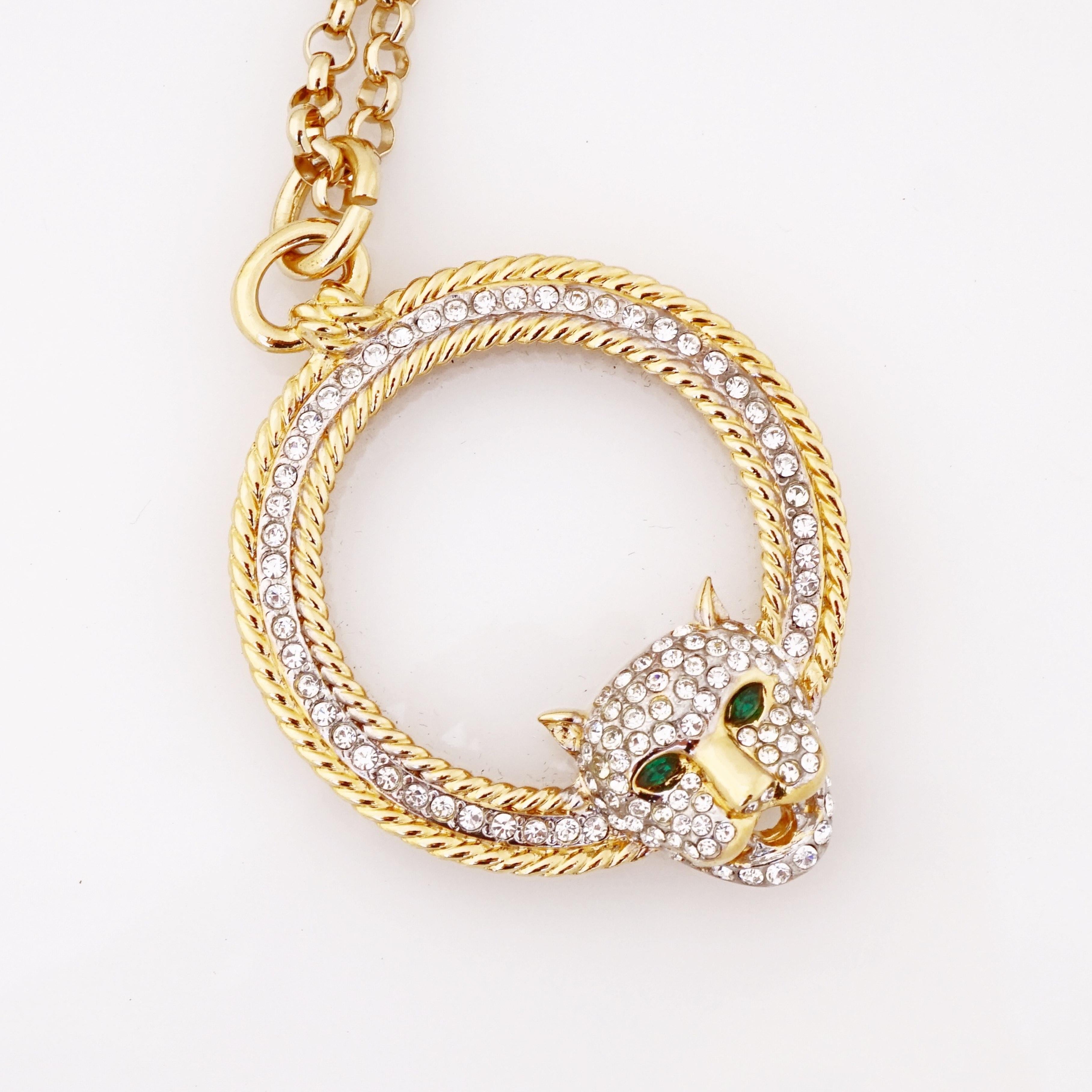 Modern Crystal Pavé Panther Magnifying Glass Pendant Necklace By Jackie Collins, 1980s