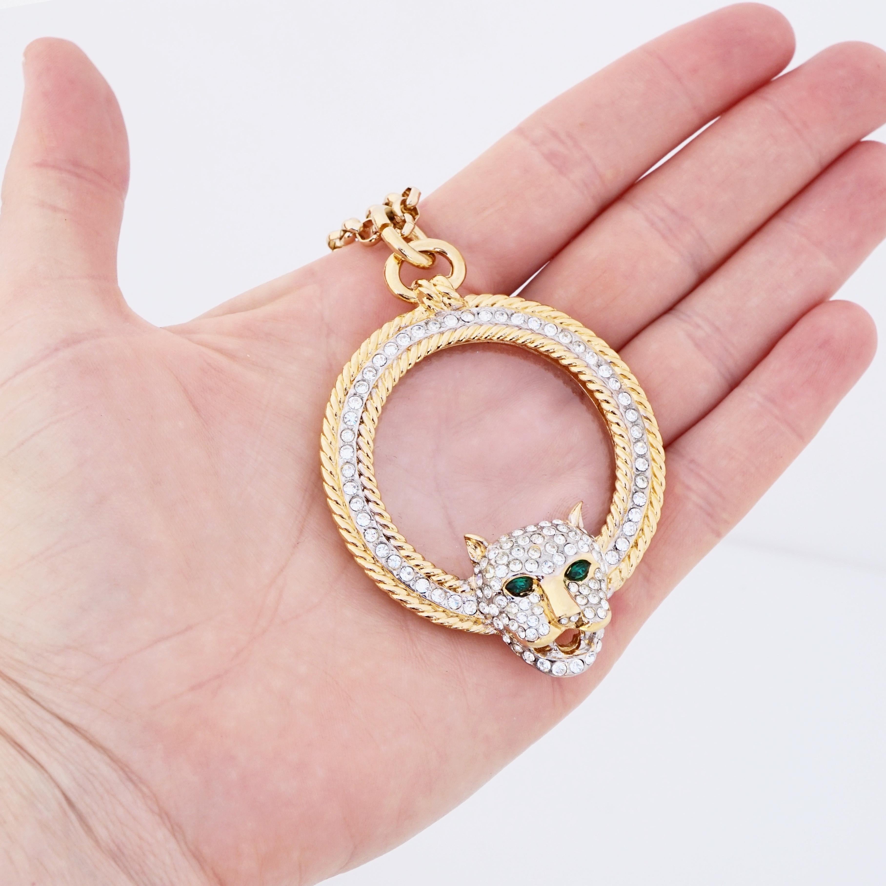 Women's Crystal Pavé Panther Magnifying Glass Pendant Necklace By Jackie Collins, 1980s