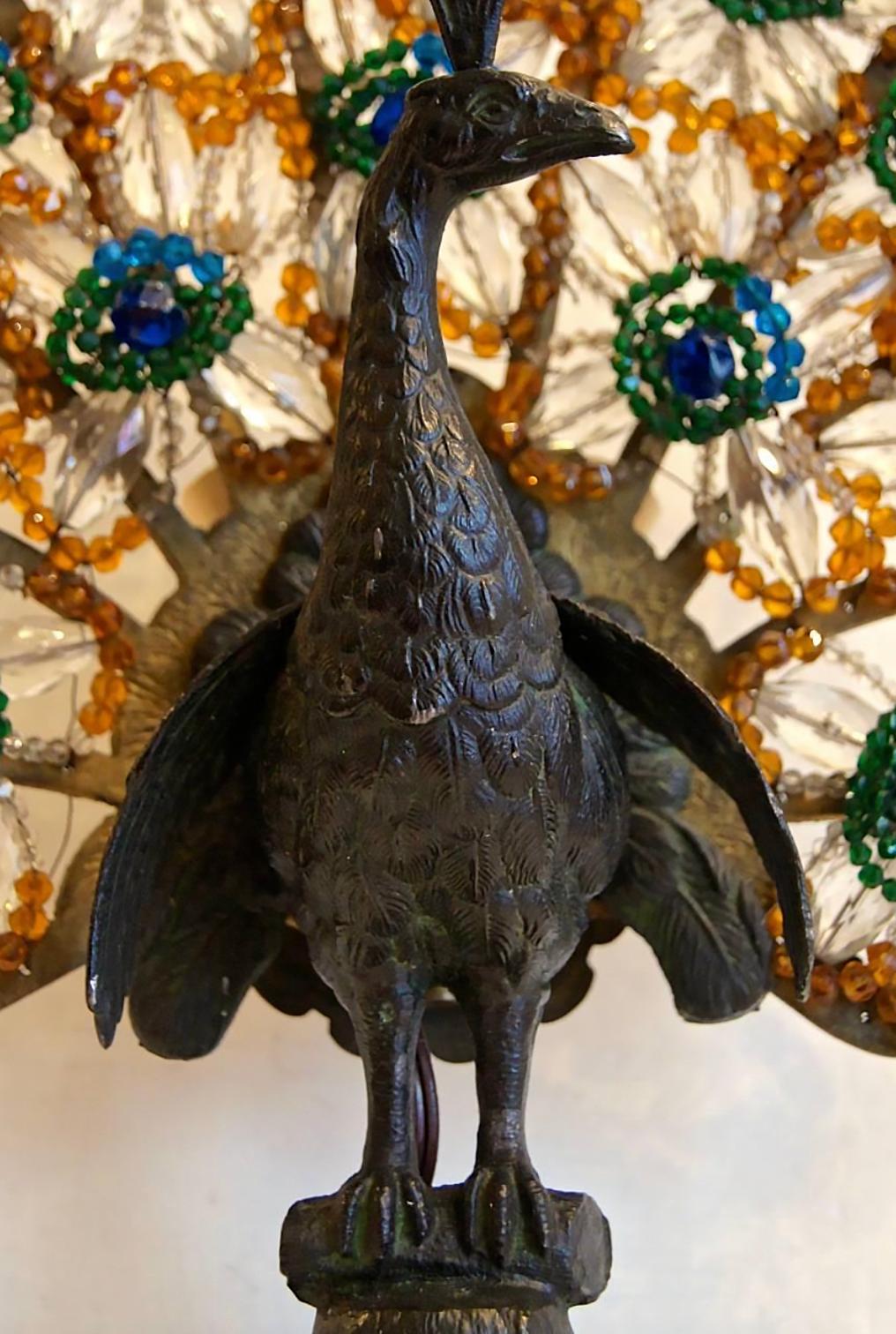 Mid-20th Century Crystal Peacock Table Lamp For Sale